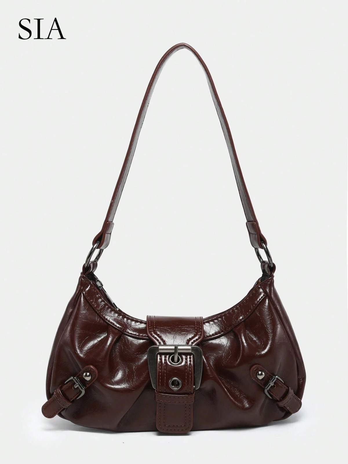 Vintage Burgundy Studded Faux Leather Motorcycle Shoulder Baguette Bag