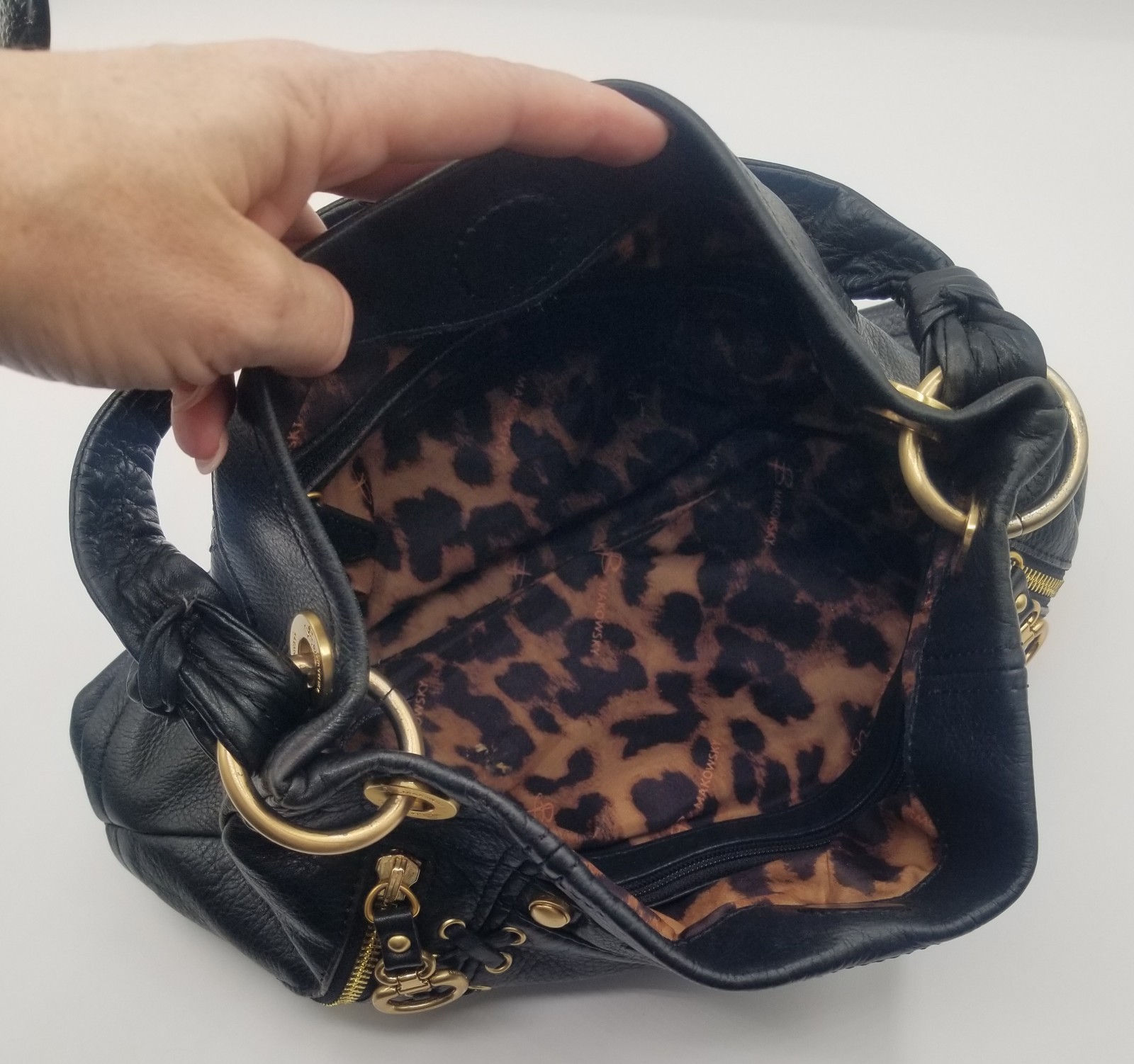 B Makowsky Black Pebble Leather Hobo Bag Gold Hardware Corset Lace Up, Side Zips