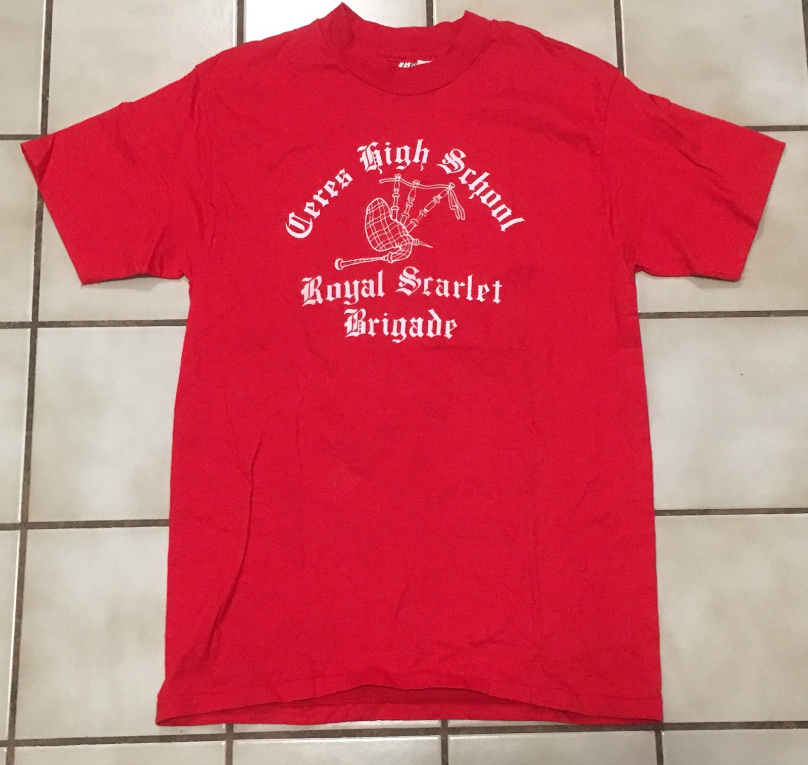 Vintage Ceres High School Royal Scarlet Brgade T Shirt Bagpipes 80s 1980s Size L