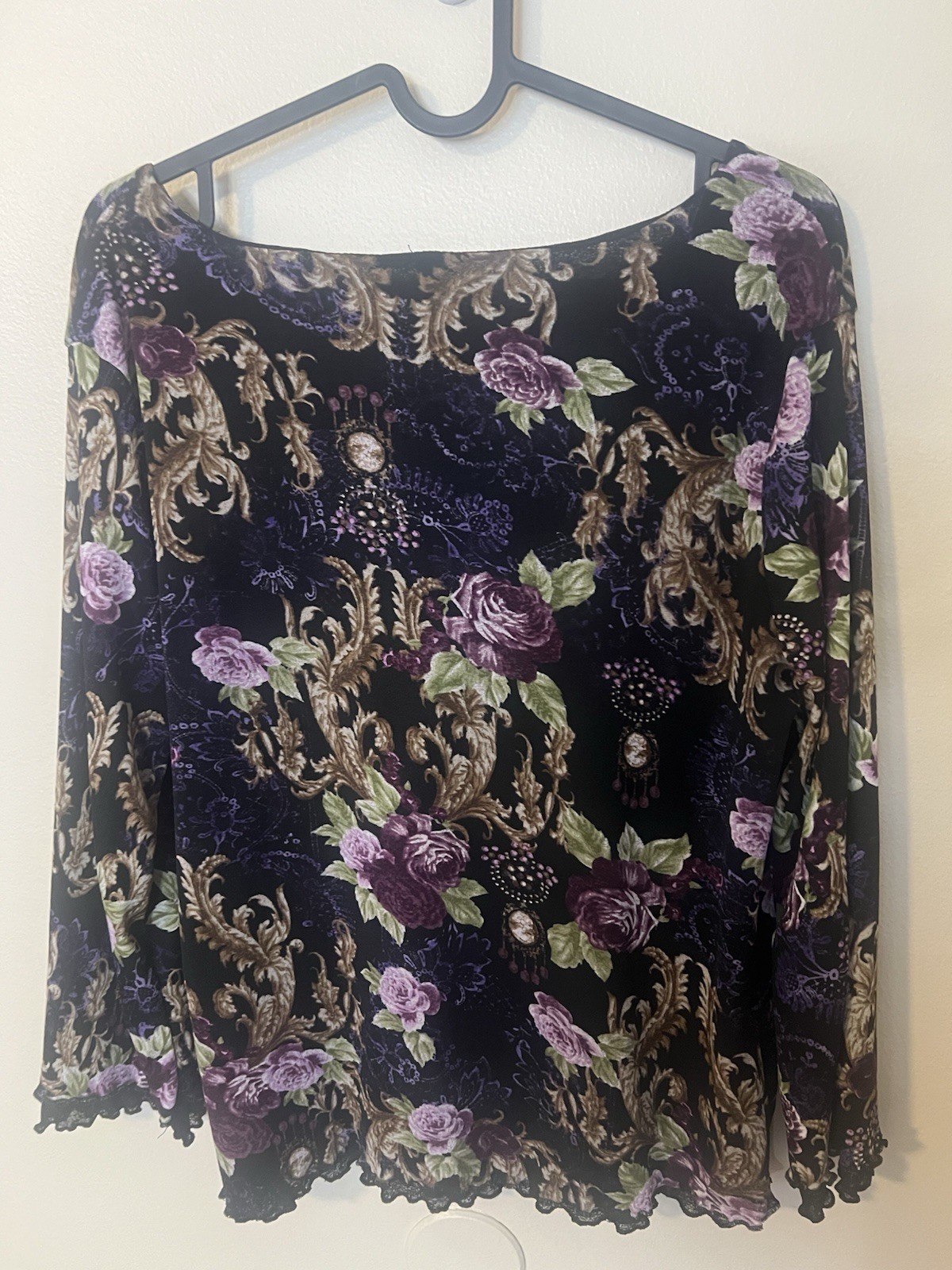 White Stag Black And Purple Floral Paisley Print Long Sleeve Blouse