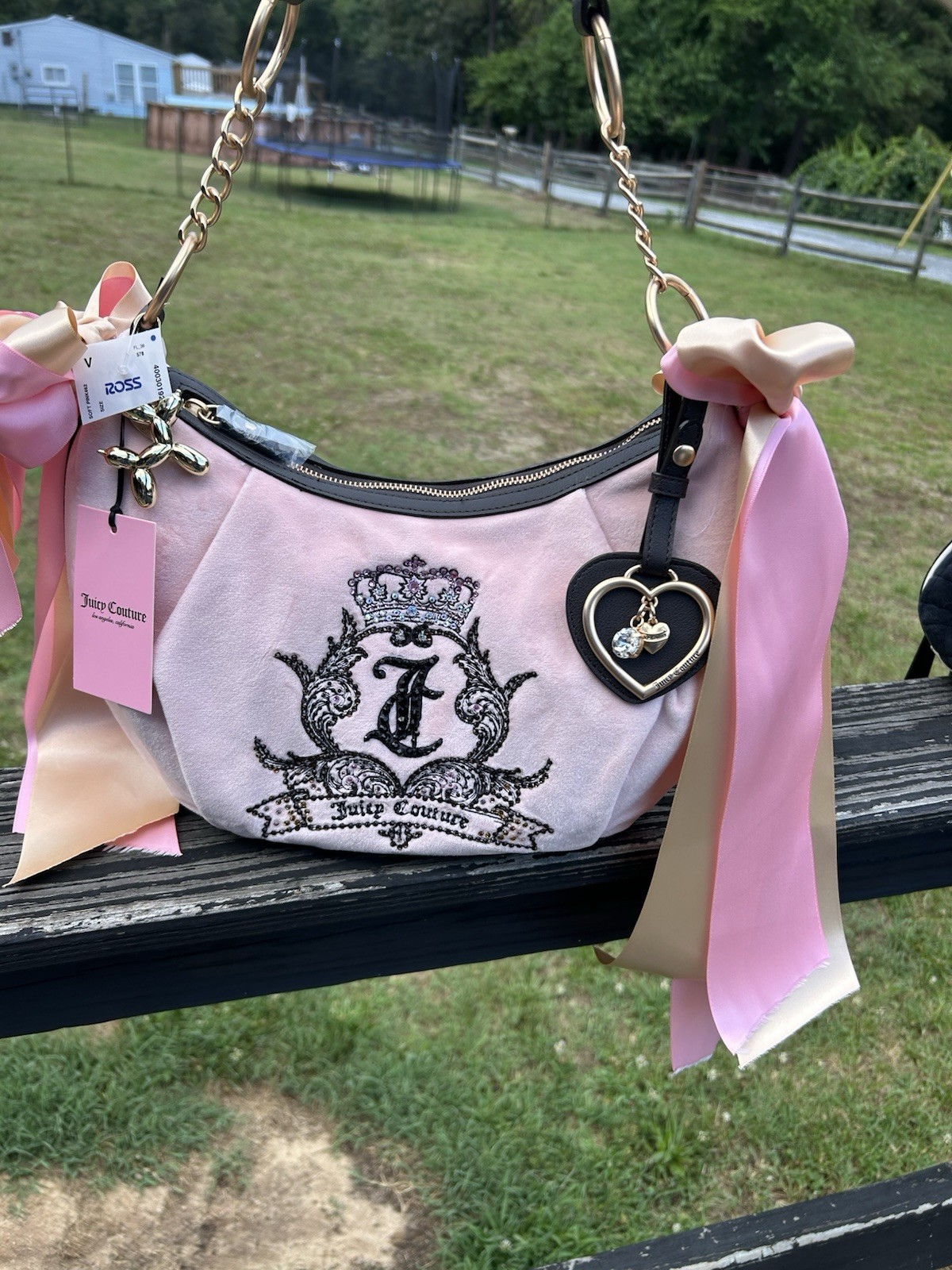 Juicy Couture Need More Juicy Pink Clay Velour Hobo Bag with Custom Gothic Crest