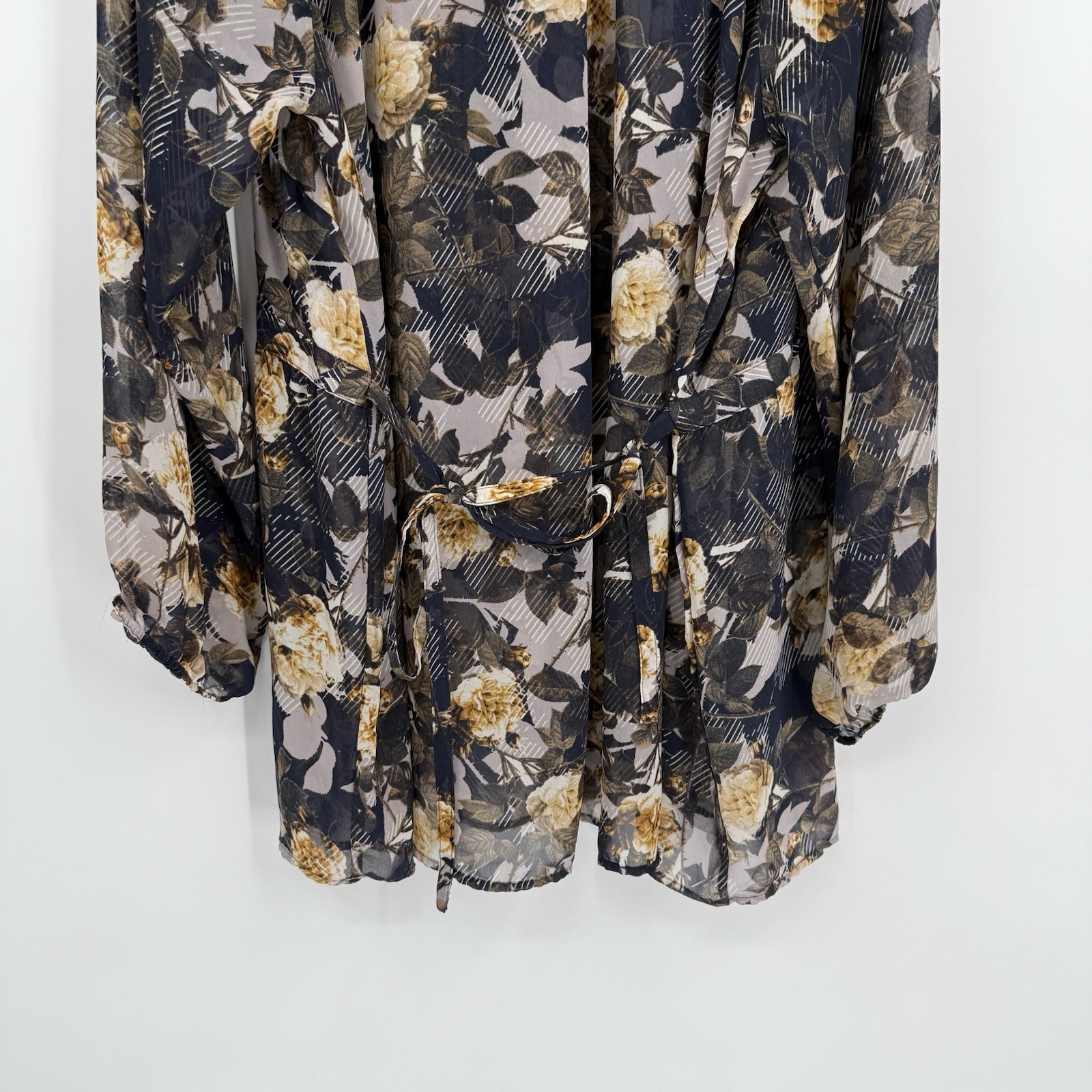 Lysse Black Floral Top Plus Size 2X Womens Semi sheer Blouse Long Sleeves