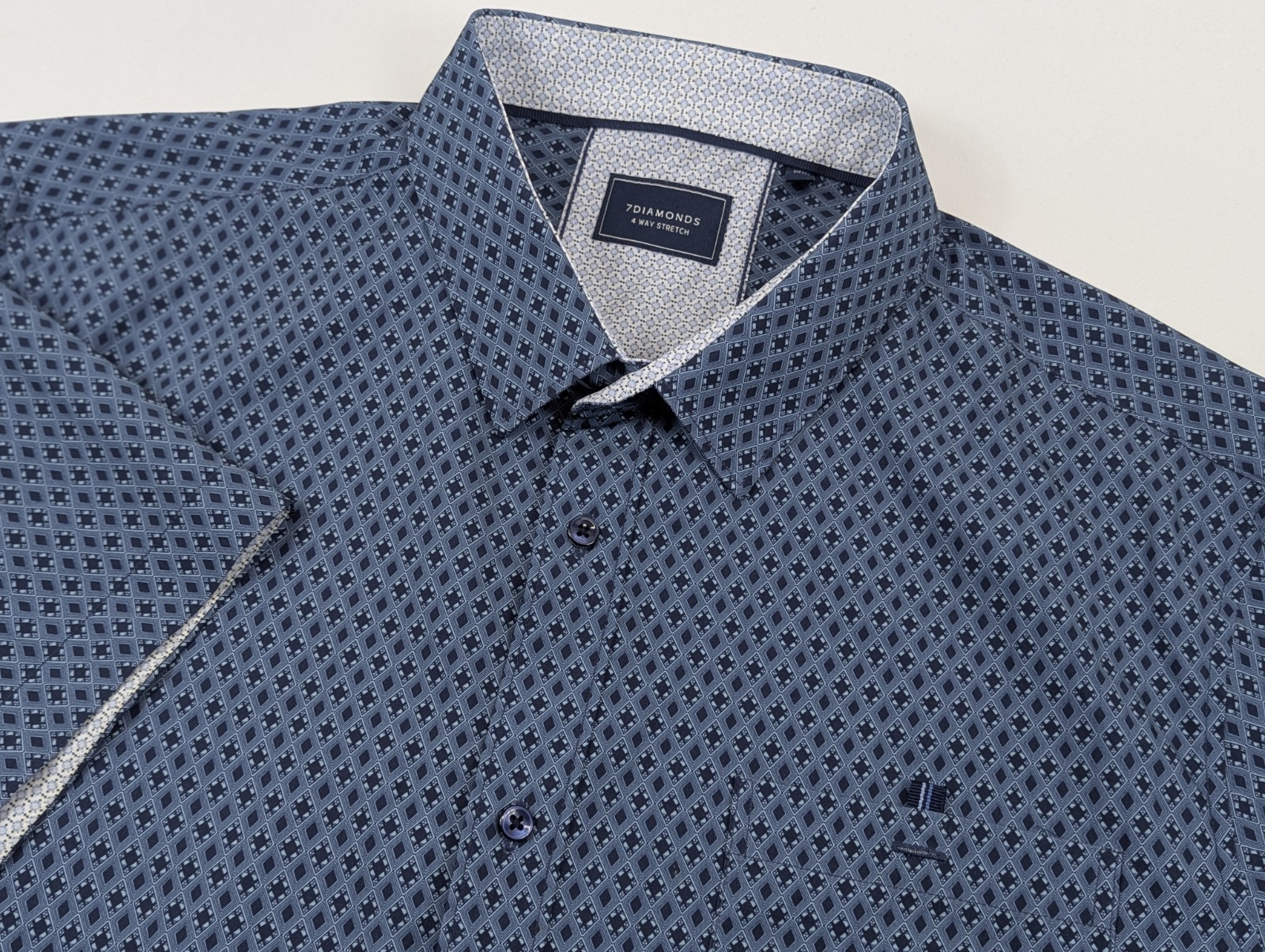 7 Diamonds 4 Way Stretch Shirt Mens 2XL Geometric Blue Button Up Short Sleeve