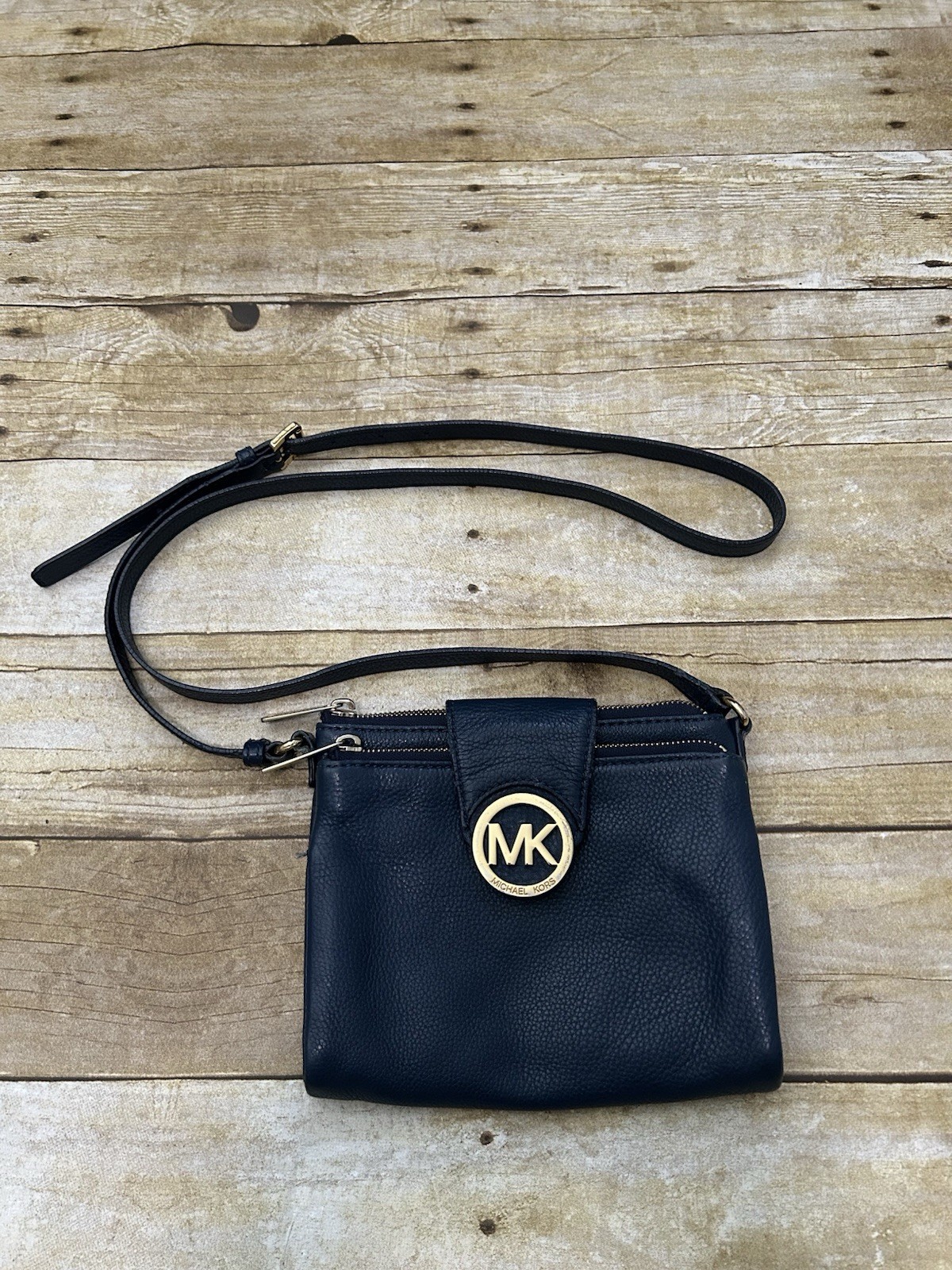 Michael Kors Blue Pebbled Crossbody Bag Zip Closure Gold Hardware MK Logo