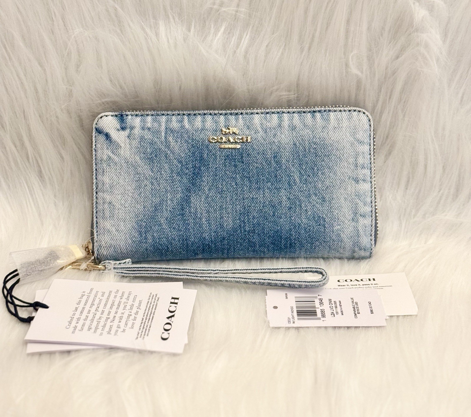 NWT Coach Long Zip Around Wallet In Loved Denim CEC21 in Gold Light Indigo