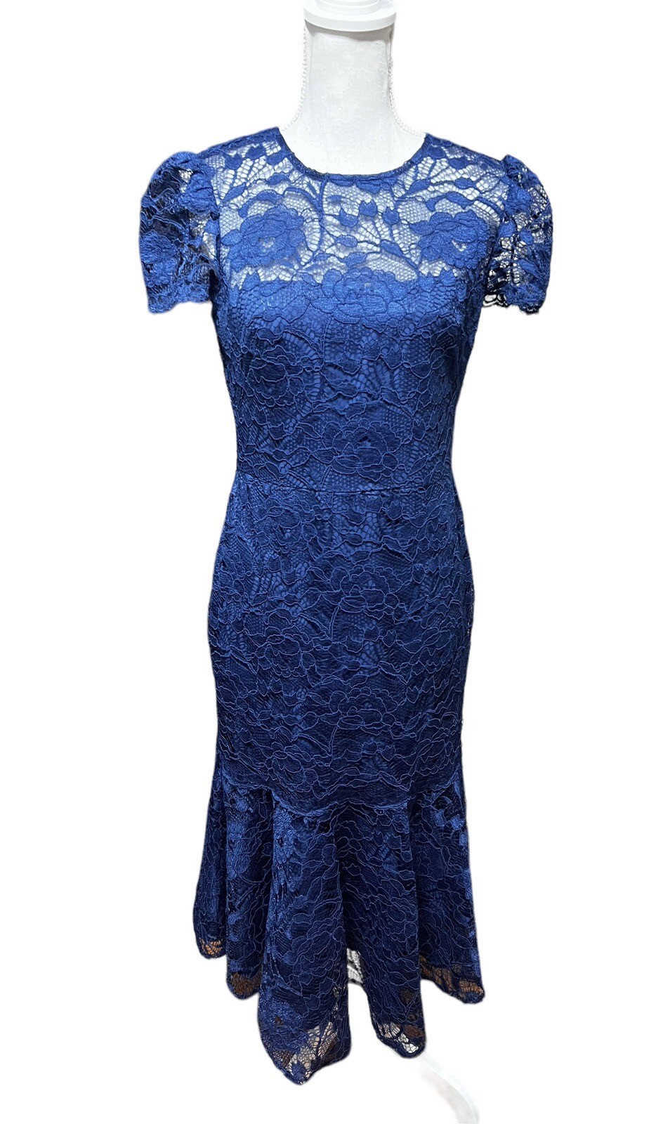 Gal Meets Glam Eve Illusion Lace Ruffle Hem Short Sleeve Midi Dress Navy Size 8