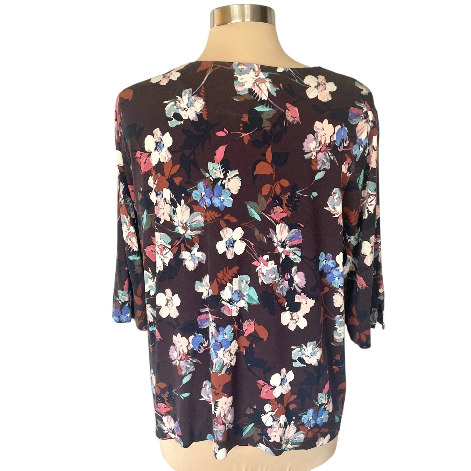 J. Jill Wearever Brown Blue Floral 3/4 Sleeve Tee Sz XLp Casual Office Work Wear
