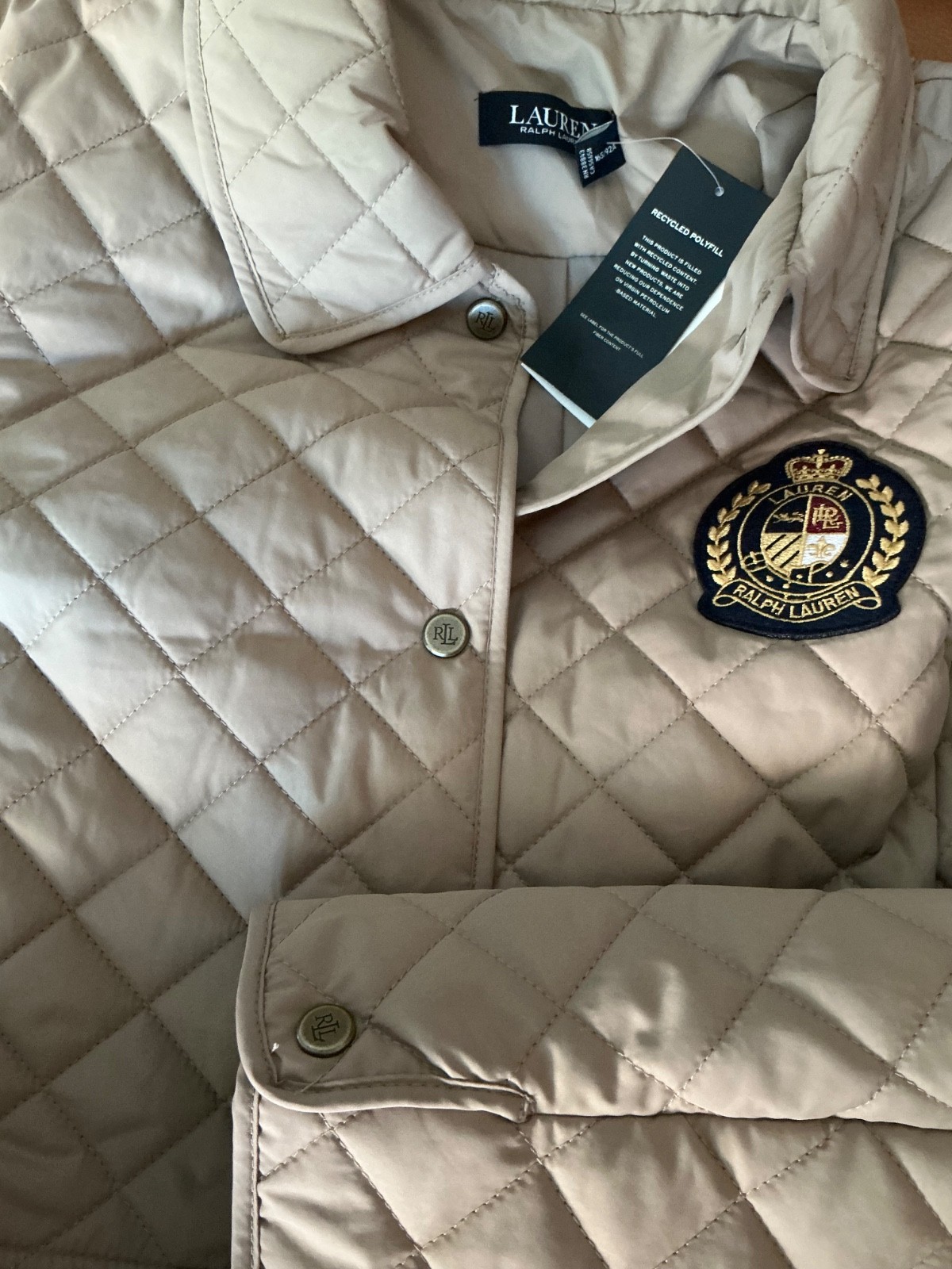 Lauren Ralph Lauren Crest Patch Quilted Jacket Birch Tan Beige Sz M wmns NWT