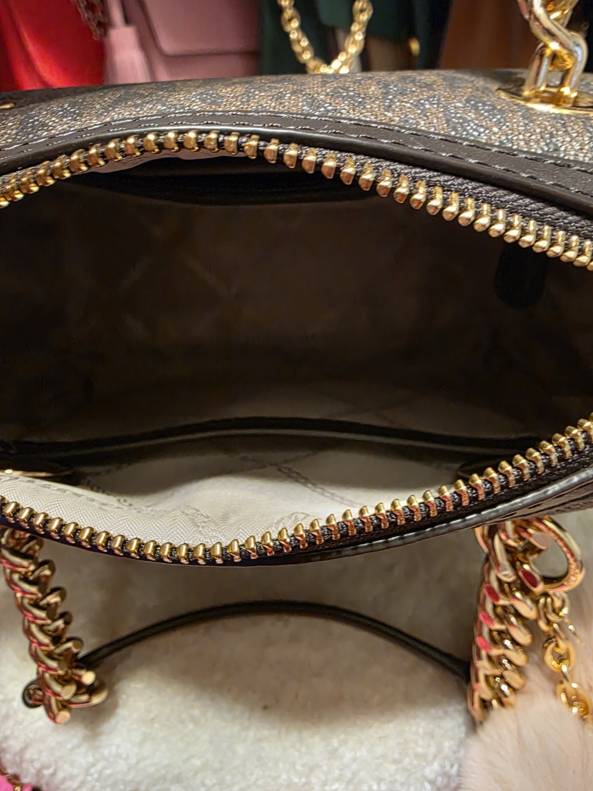 Michael Kors Blaire XS Duffle Crossbody Bag Brown Logo Zip Gold Chain + Charm