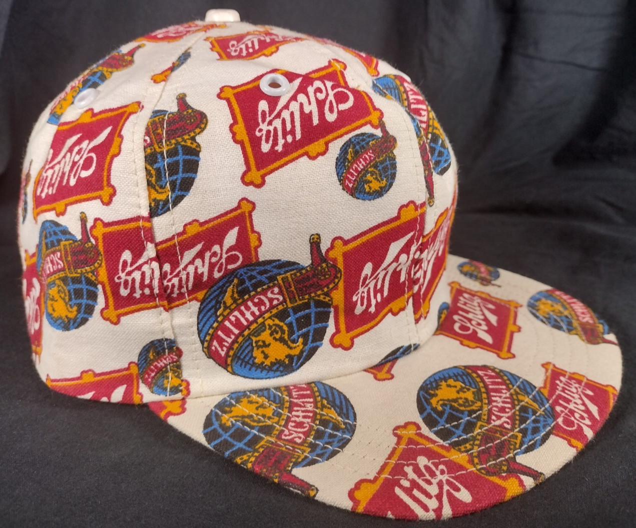Vintage Schlitz Beer All Over Print Hat Made USA Green Bill | Size 21-22″ Circ.