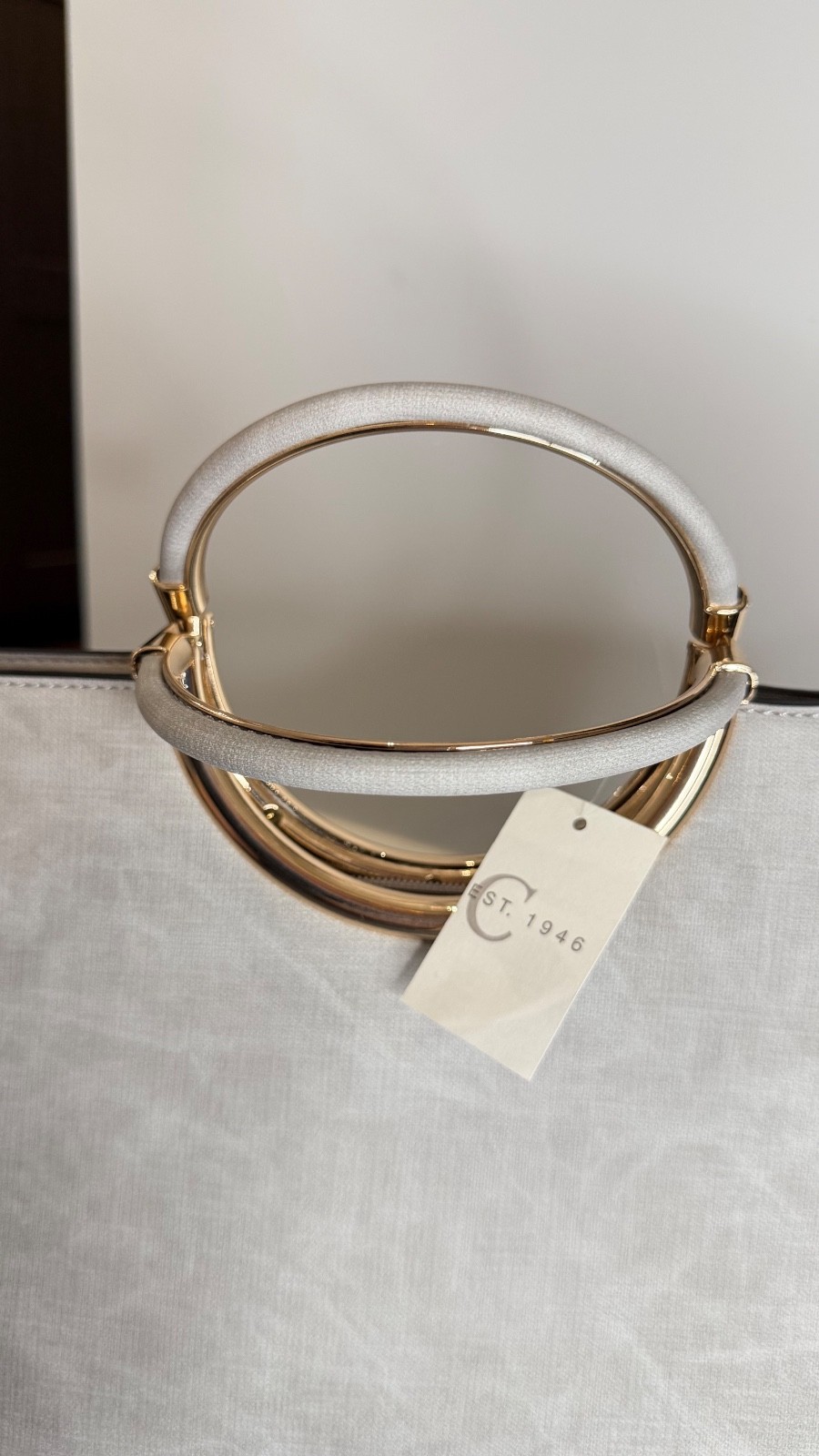 C Est 1946 Gray Crescent Moon Tote Bag Gold Ring Handle Vegan Leather NWT