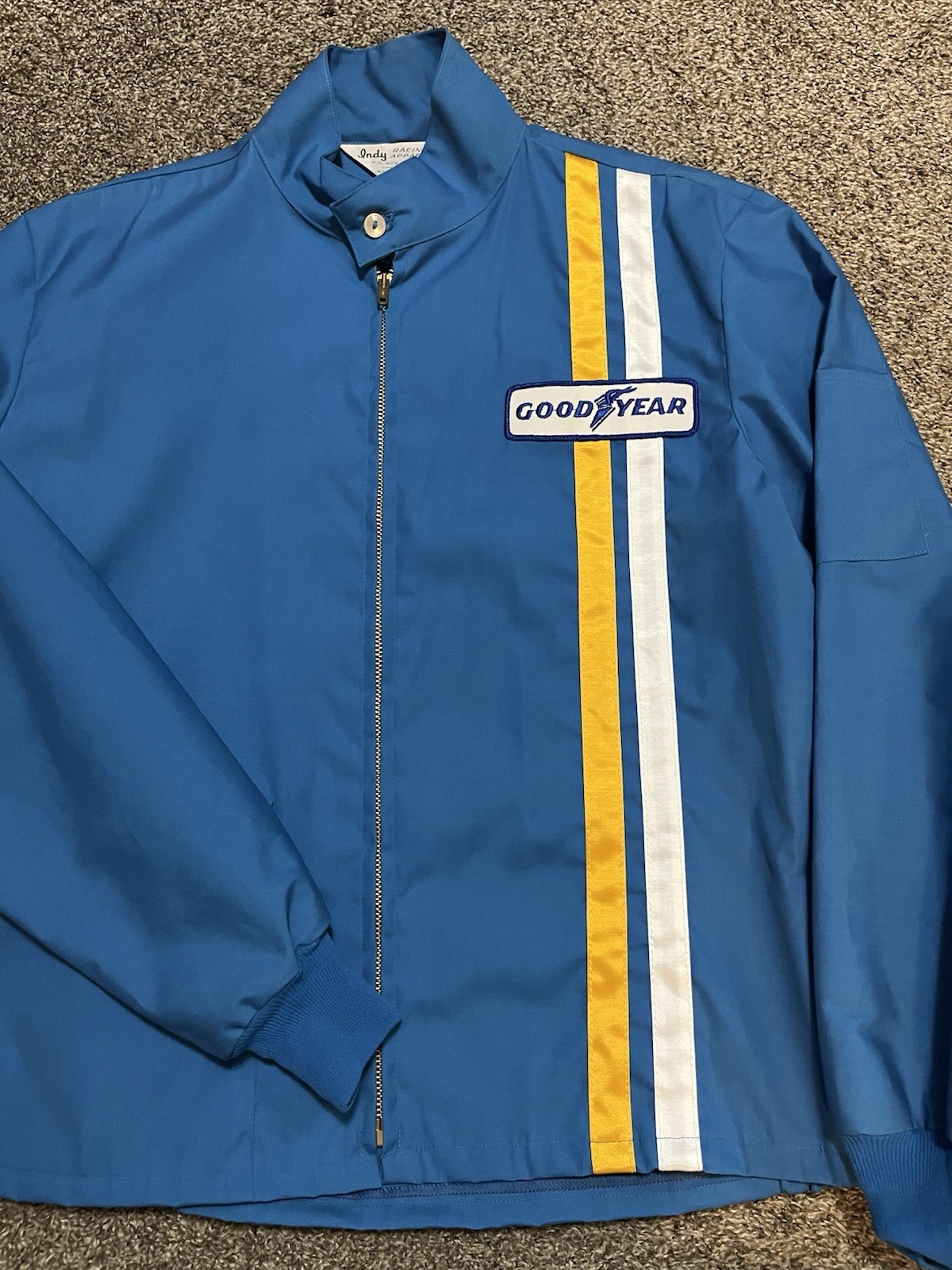 Vintage Goodyear Tires Racing Jacket Size Large USA Made Blue Stripes NOS Indy