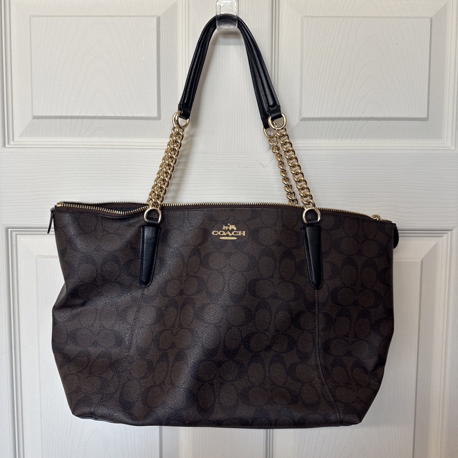Coach Ava Chain Tote Signature Canvas Brown/Black Authentic Leather J1723-F23526