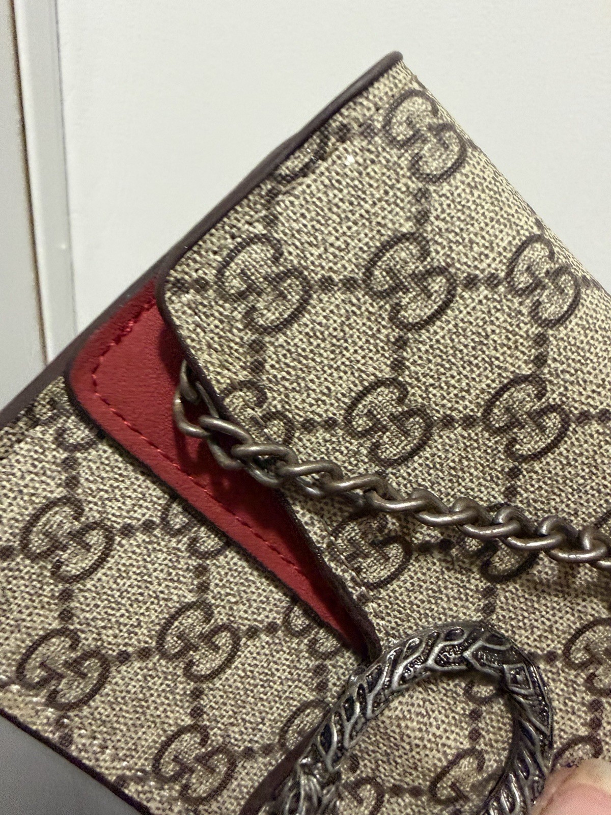 Gucci GG Pattern Crossbody Bag Chain Strap Snap Closure Beige/Red