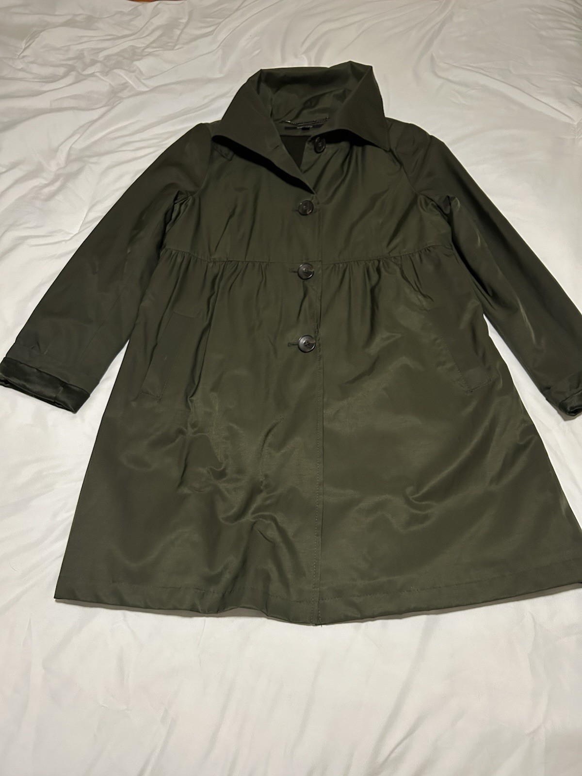 DKNY Womens L Olive Green Raincoat Lightweight Lined A Line Trench Coat