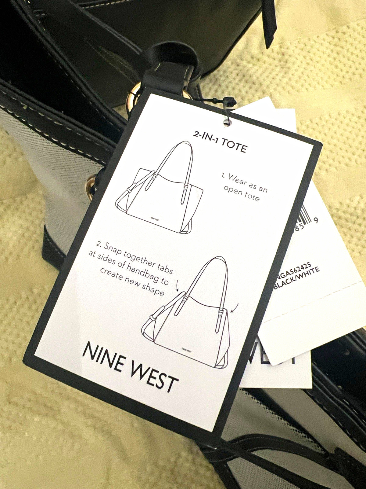 Nine West 2-in-1 Large Colorblock Tote Set Black/White Detachable Strap Pouch