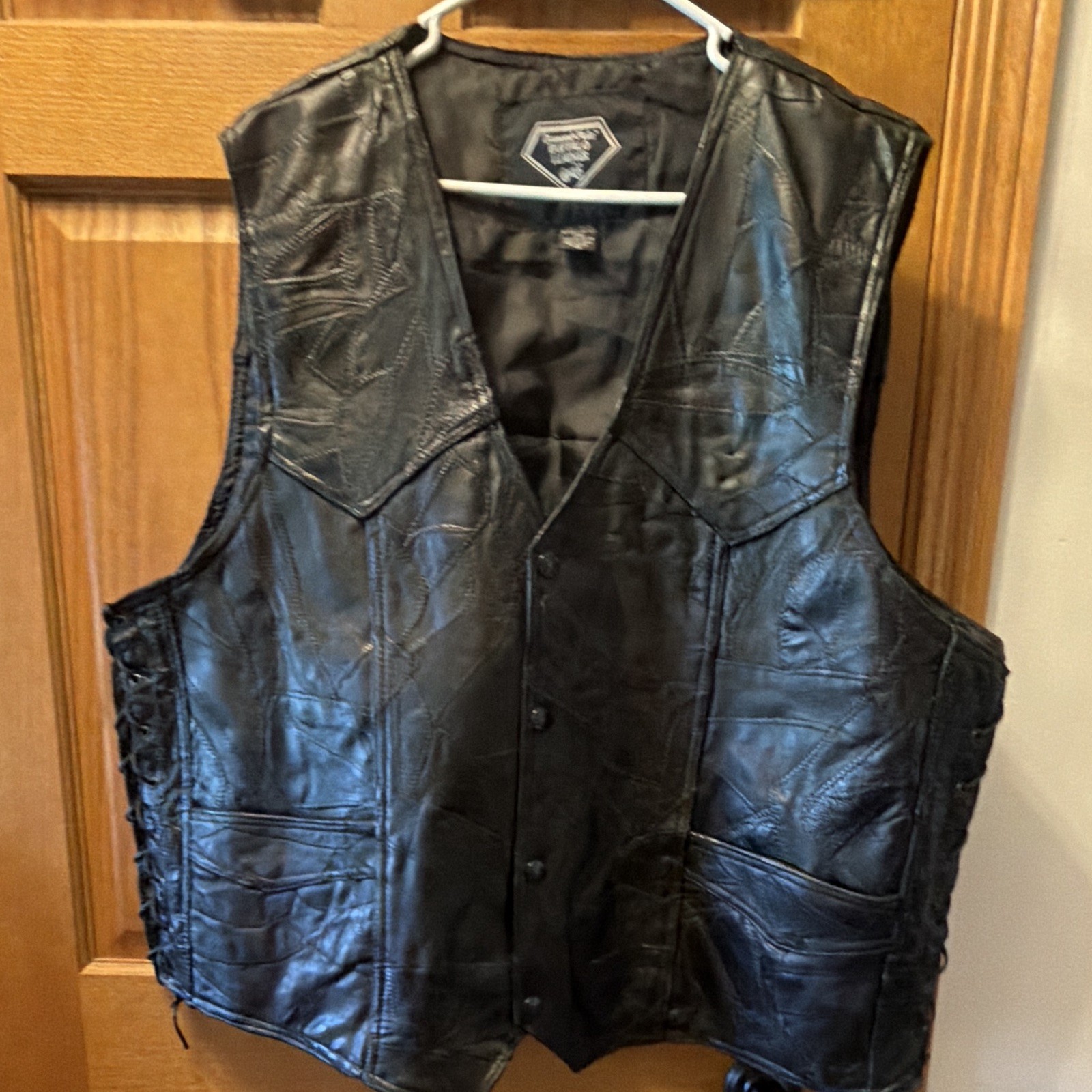 Black Leather Biker Snap Vest Men 3x Lace Up Sides Diamond Plate Buffalo Leather