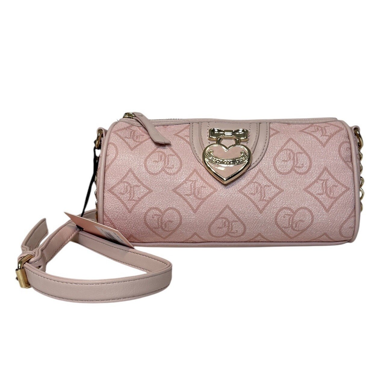Juicy Couture Precious Moments Roll Bag Pink Clay Monogram Heart Crossbody NEW