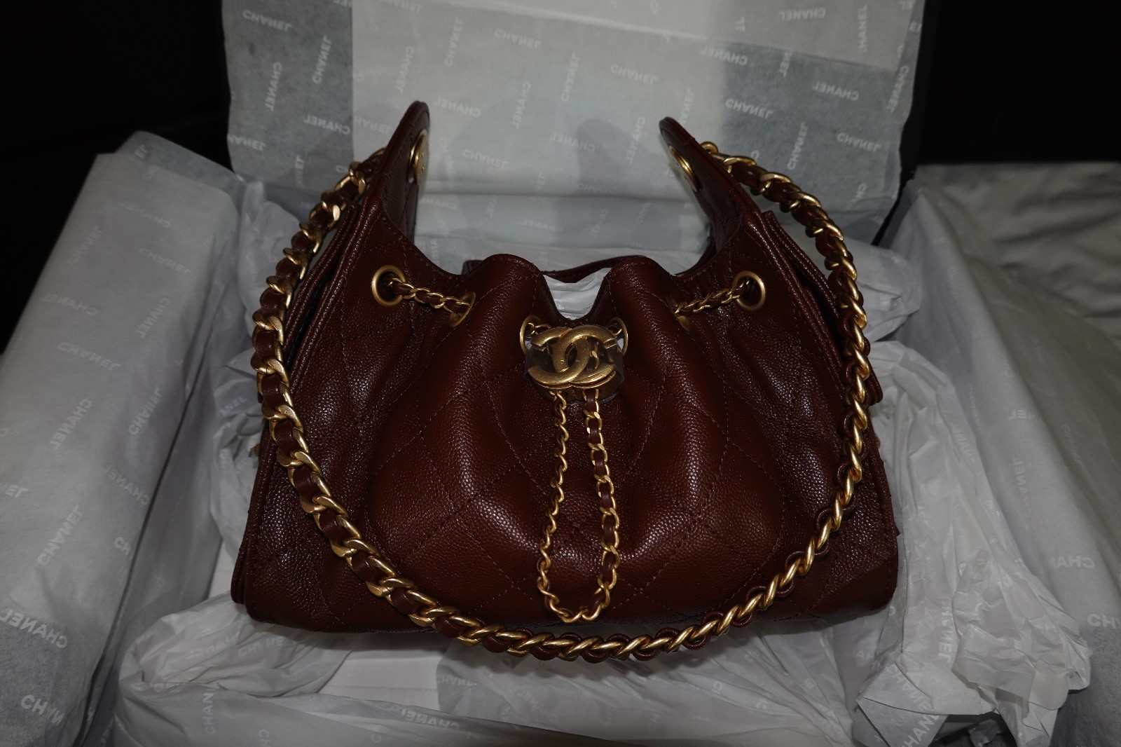 Chanel 25 Mini Dark Burgandy Cavier Gold hardware, Receipt, Orginal Box, dustbag