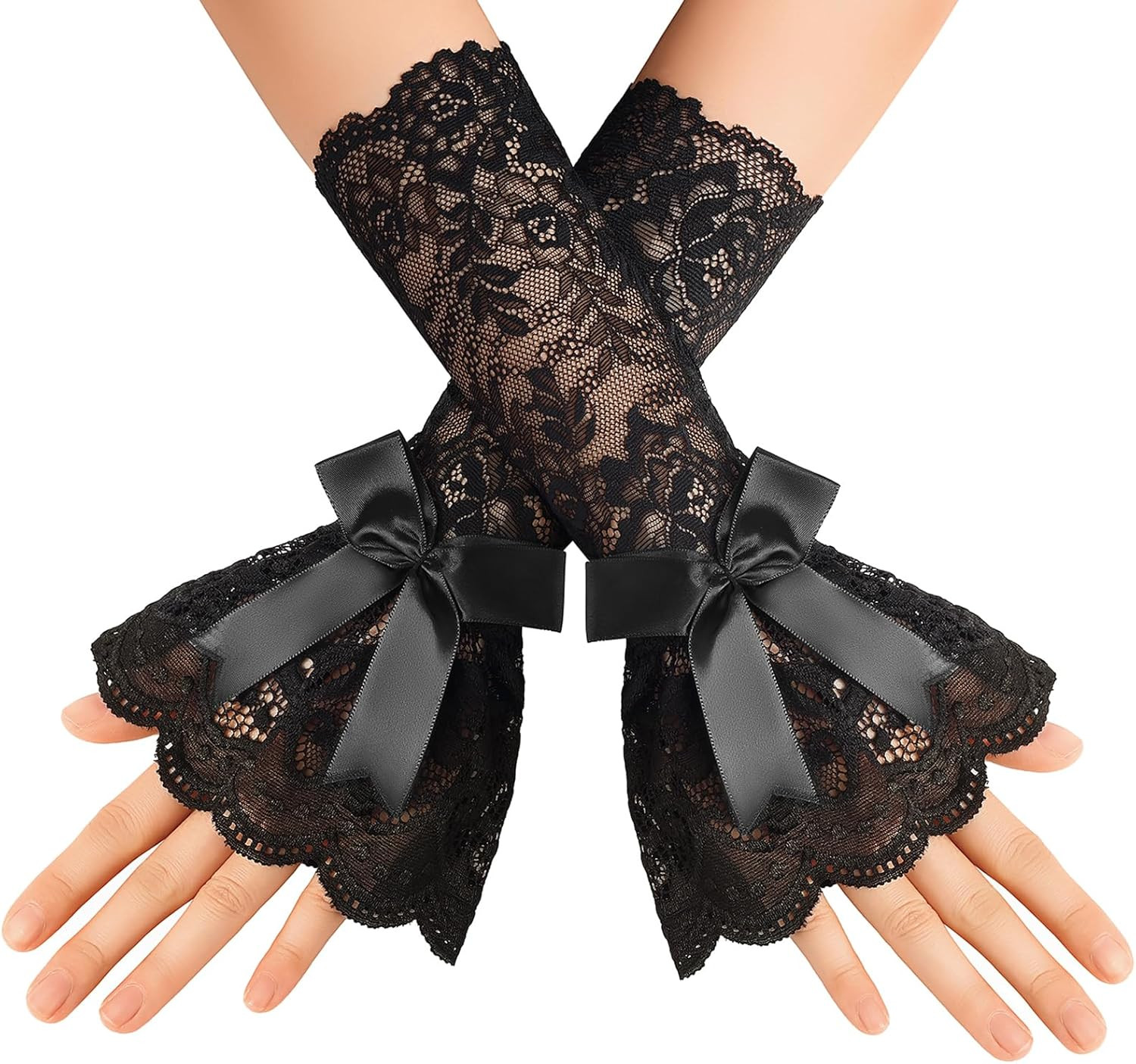 Women Ruffle Bow Lace Gloves Fingerless Mid Elbow Sleeve Costume Wedding Opera T