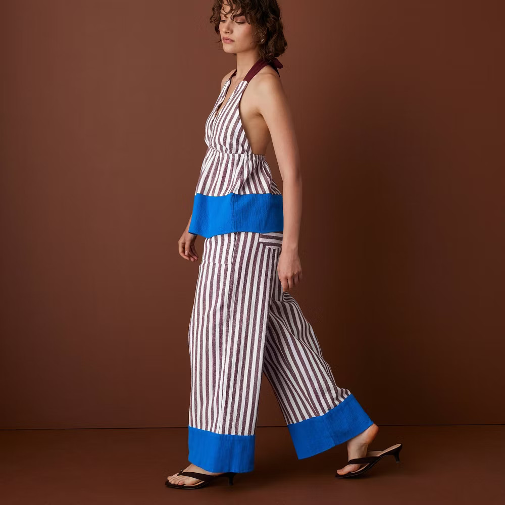 Women Halter Striped Babydoll Top – Rosie Assoulin Burgundy/Blue M