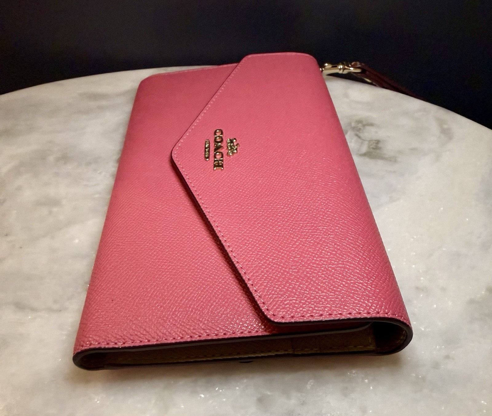 COACH Pink Crossgrain Leather Travel Envelope Wallet Wristlet Clutch