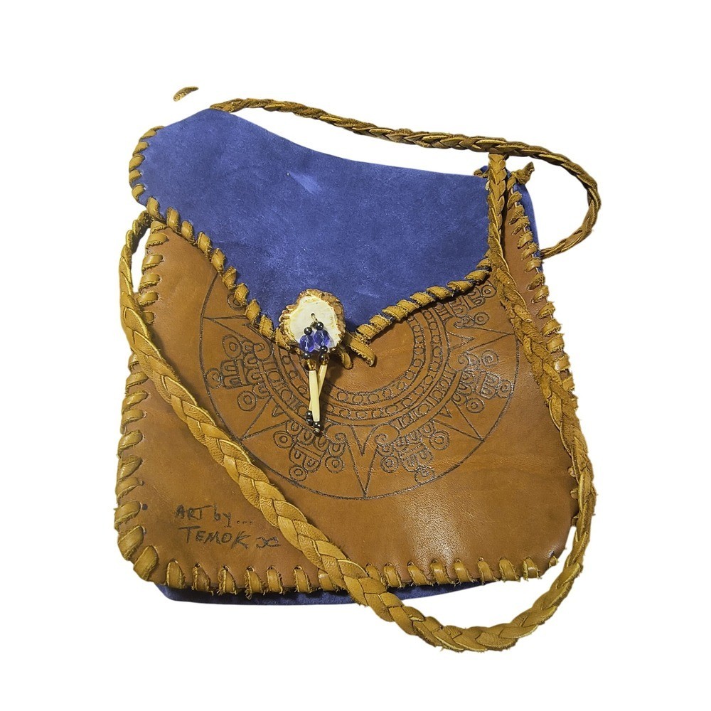 Handmade Leather Crossbody Bag Temok Art Boho Aztec Sun Design Purse Unused New