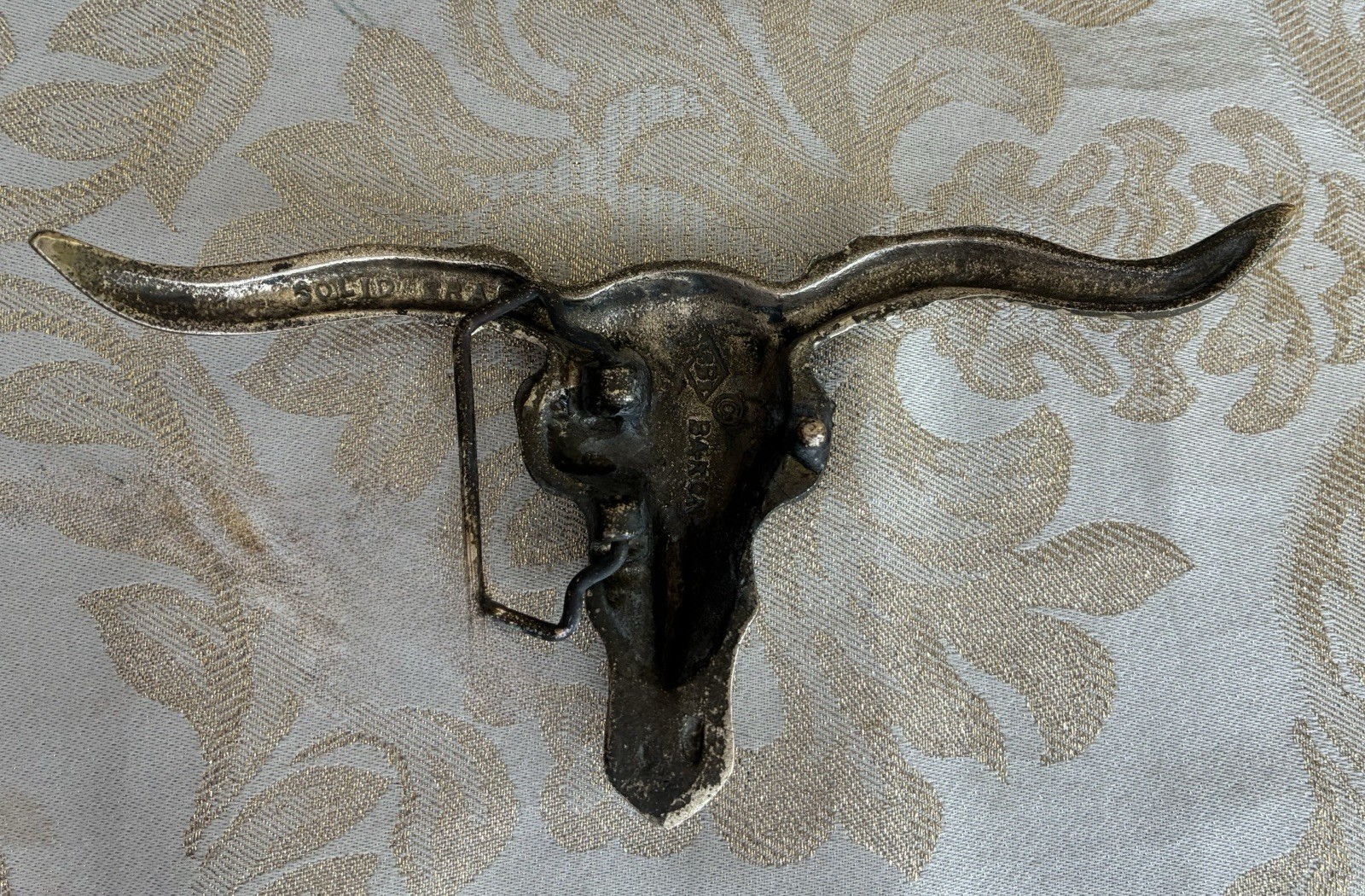 Vintage BARON Brass Longhorn Belt Buckle W/ sz 36 1.7” Leather Belt & 2nd Buckle