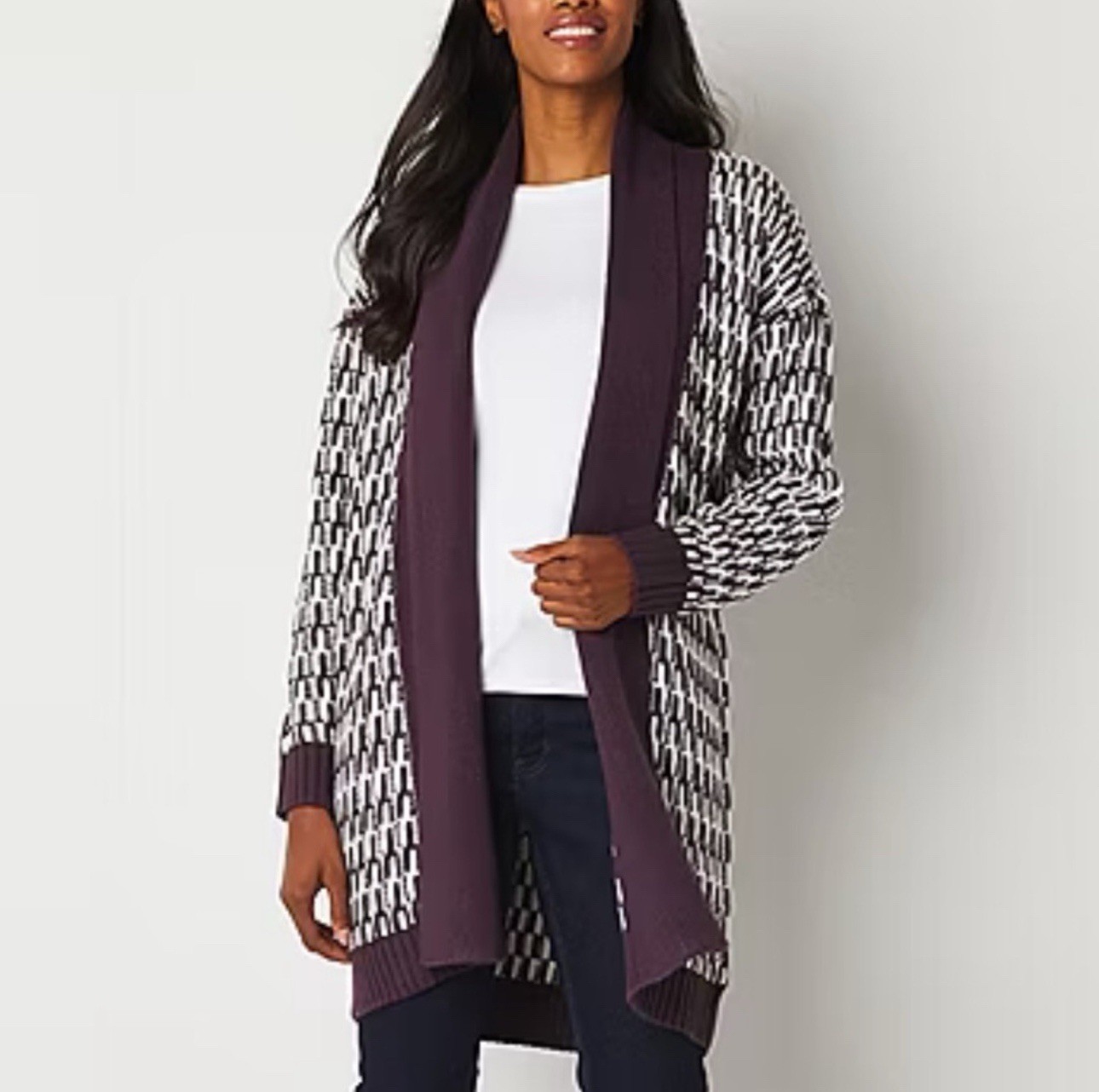 Liz Claiborne Women’s Size S Sweater Cardigan Open Front Cream Midnight Purple
