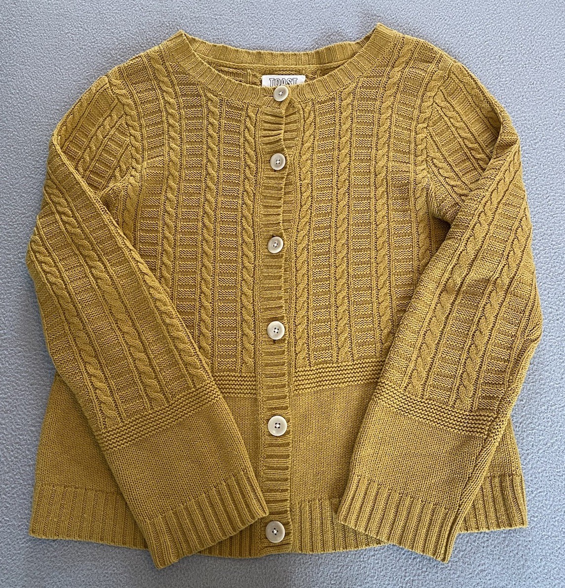 TOAST CARDIGAN SZ MEDIUM MUSTARD YELLOW WOOL COTTON CABLE KNIT SEE DETAILS