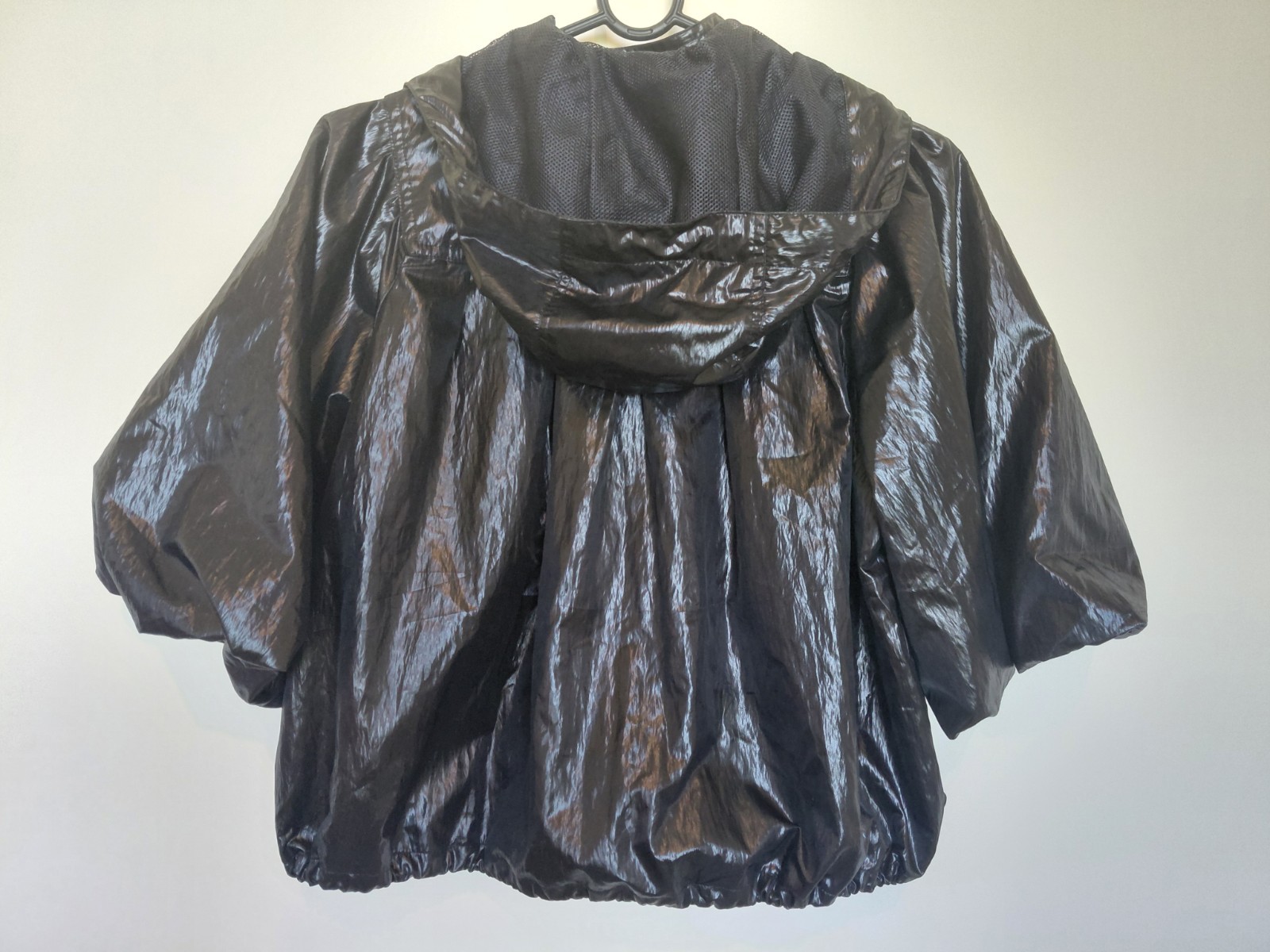 VTG Rosso Di Sera Italy Wet Look Shiny Black Jacket Hooded Y2K Cropped Balloon