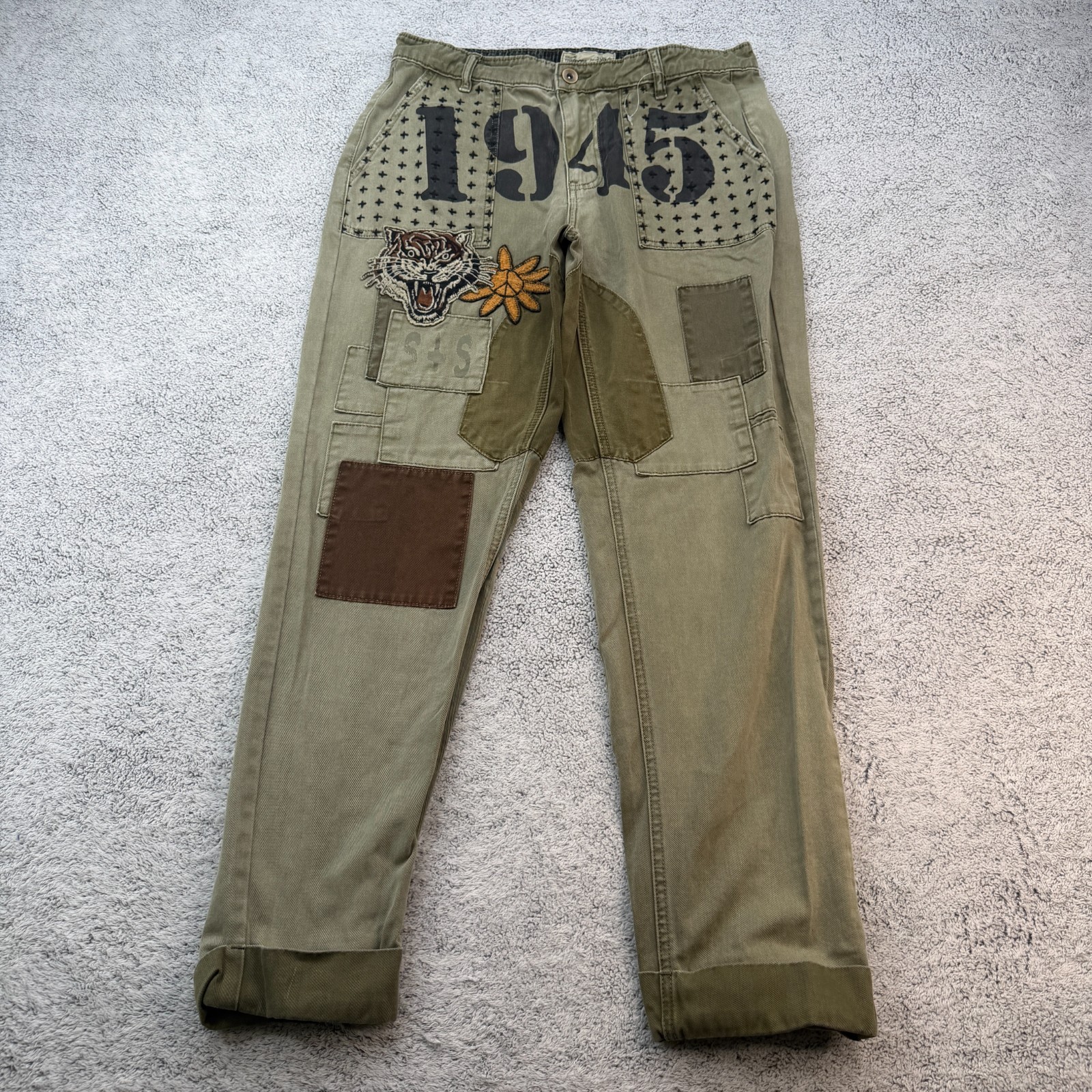Ouigi Theodore Sun Stone Patchwork Pants Mens Size 31 Olive Tiger 1945 Military