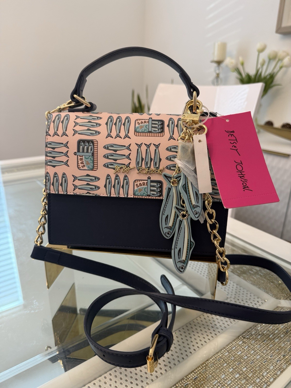 Betsy Johnson Sardines Shoulder Crossbody Purse Navy Blue & Pink Gold Tone NWT