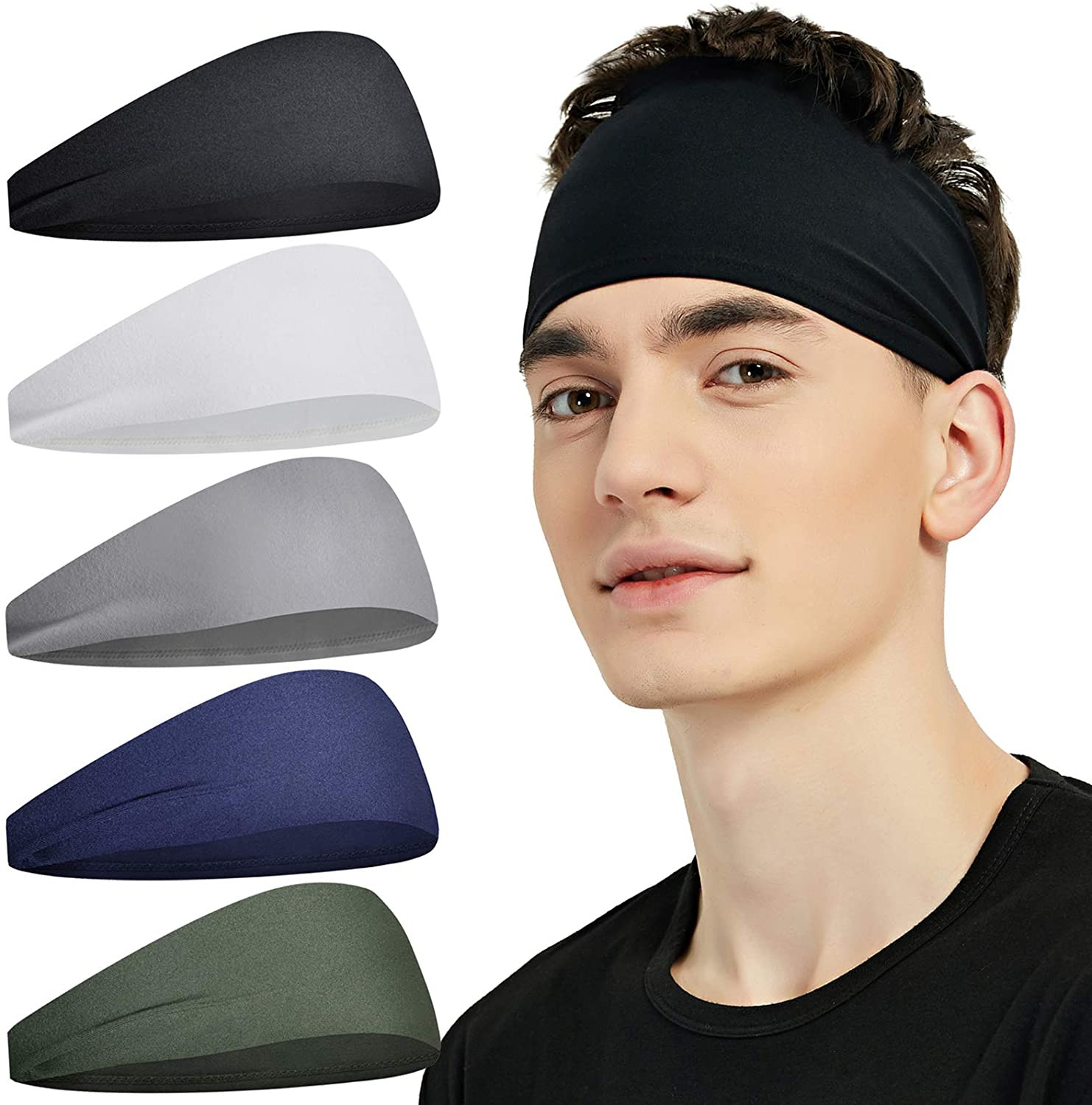 Sports Headbands for Men (5 Pack),Moisture Wicking Workout Headband, Sweatband H