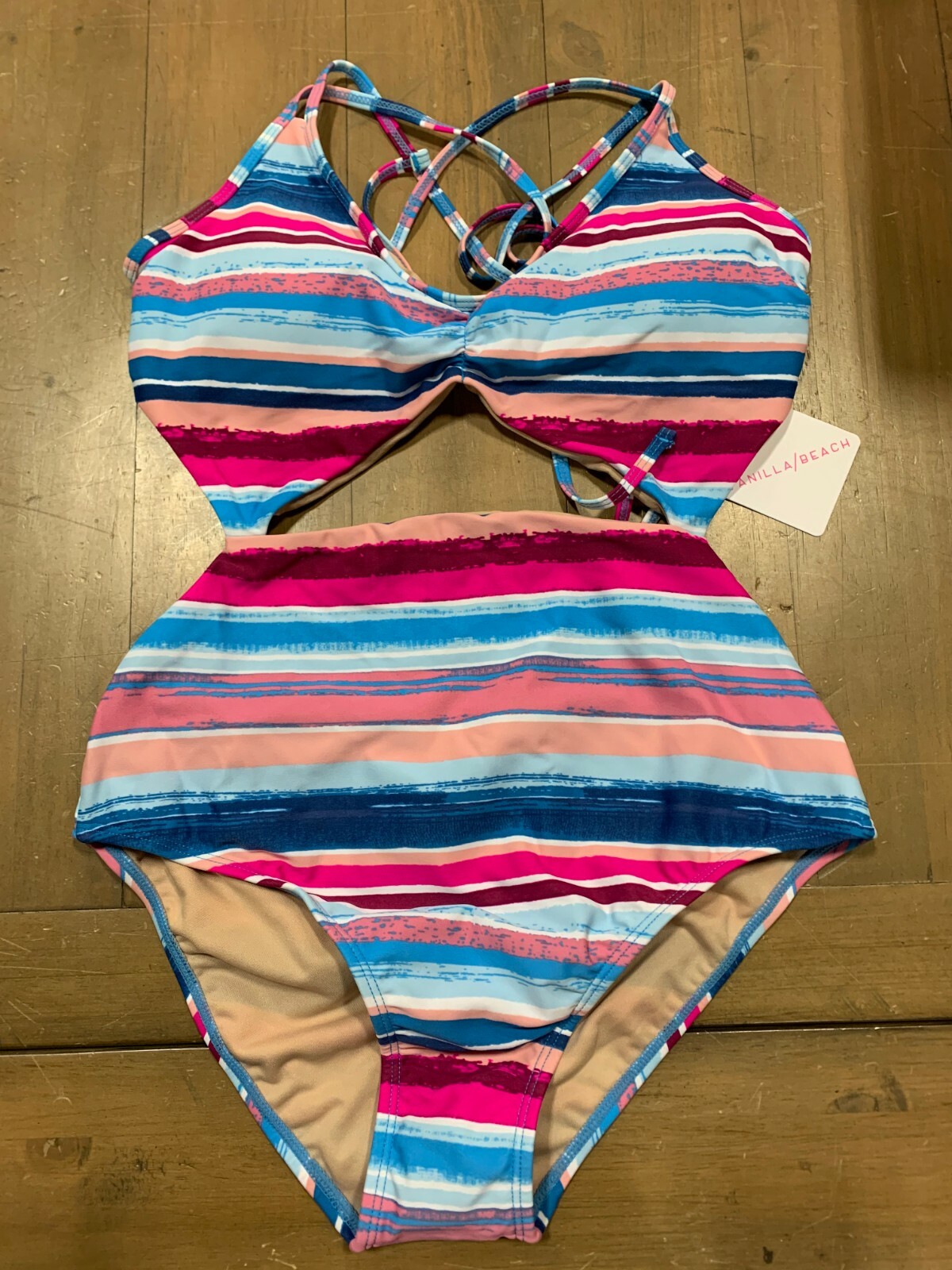 Vanilla Beach Women’s Cheeky Cut Out Monokini One Piece – Multi Stripe Medium
