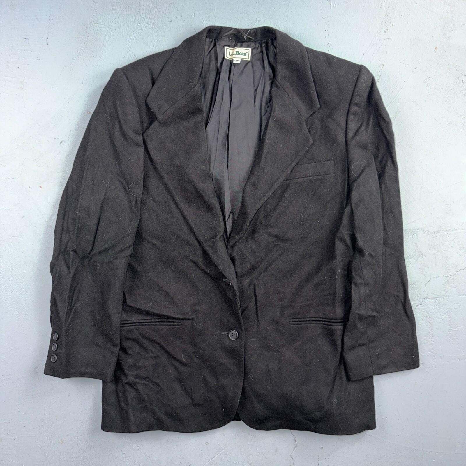 VTG LL Bean Blazer Womens 12P Black Wool Cashmere Blend 2 Button Jacket