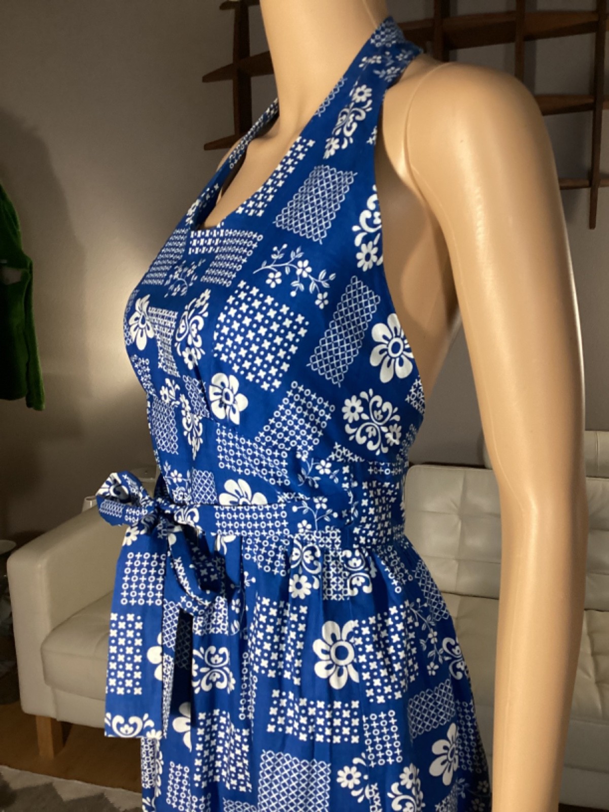 Vintage 70’s Apron Pinafore Maxi Halter Top Wrap Dress Hippie Boho Ruffles