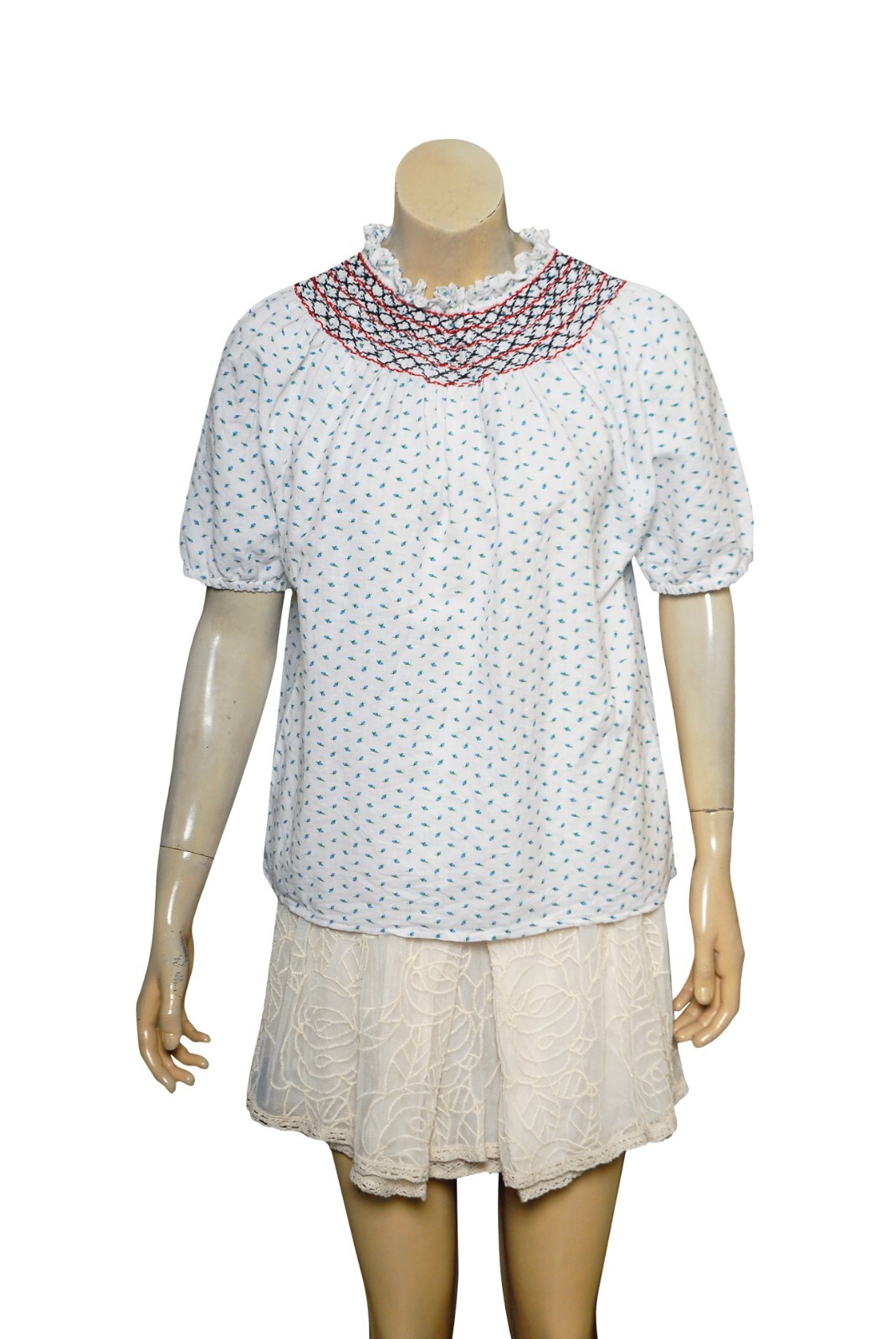 Sezane Dakota Top S 36 Floral Printed Smocked Ivory Cotton Linen Blouse NW 44380