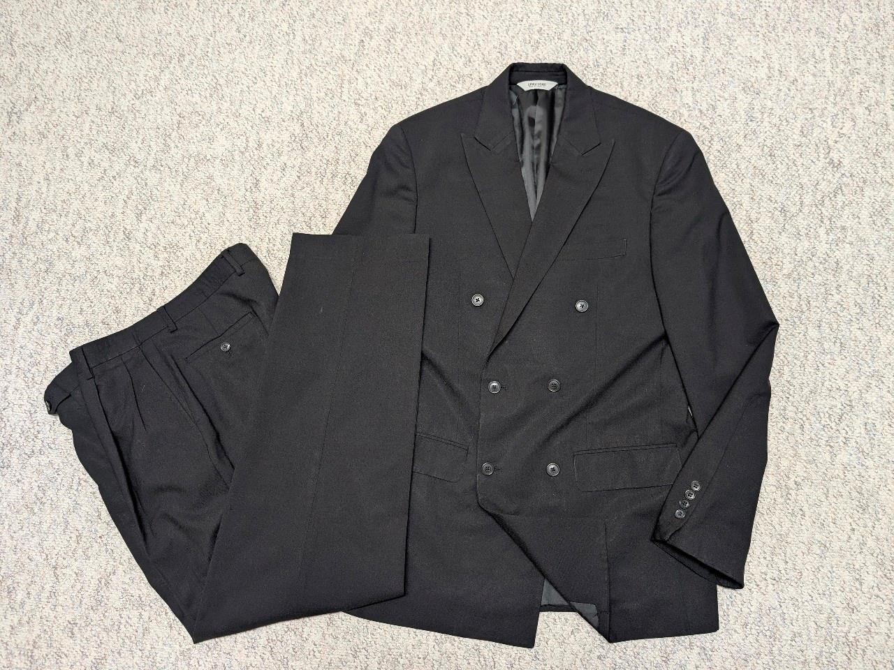 1990s vintage 2PC SUIT double breasted 40L 34×34 black WOOL lightweight