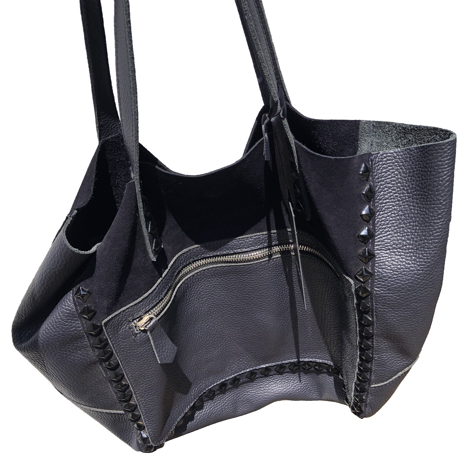 Laggo Miley Navy SDE Suede Leather Tote Bag Pyramid Studs 18.5 x 11.5 x 5 inches