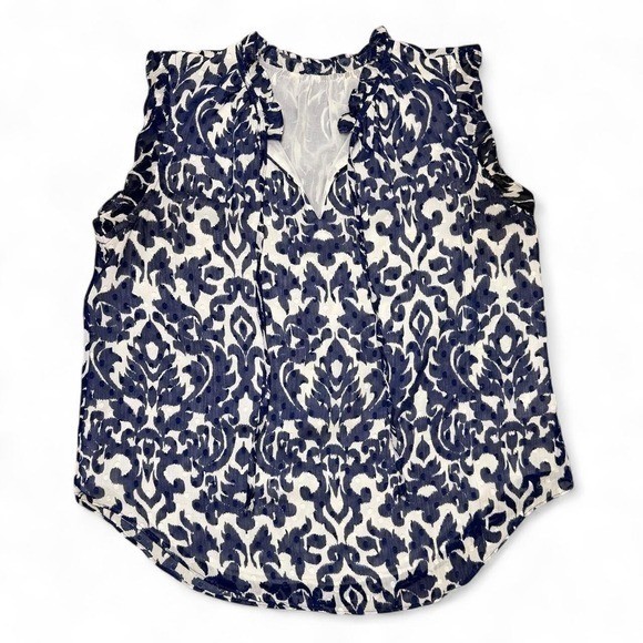 Navy Blue White Damask Ikat Clip Dot Sleeveless Blouse Ruffle V-Neck Top