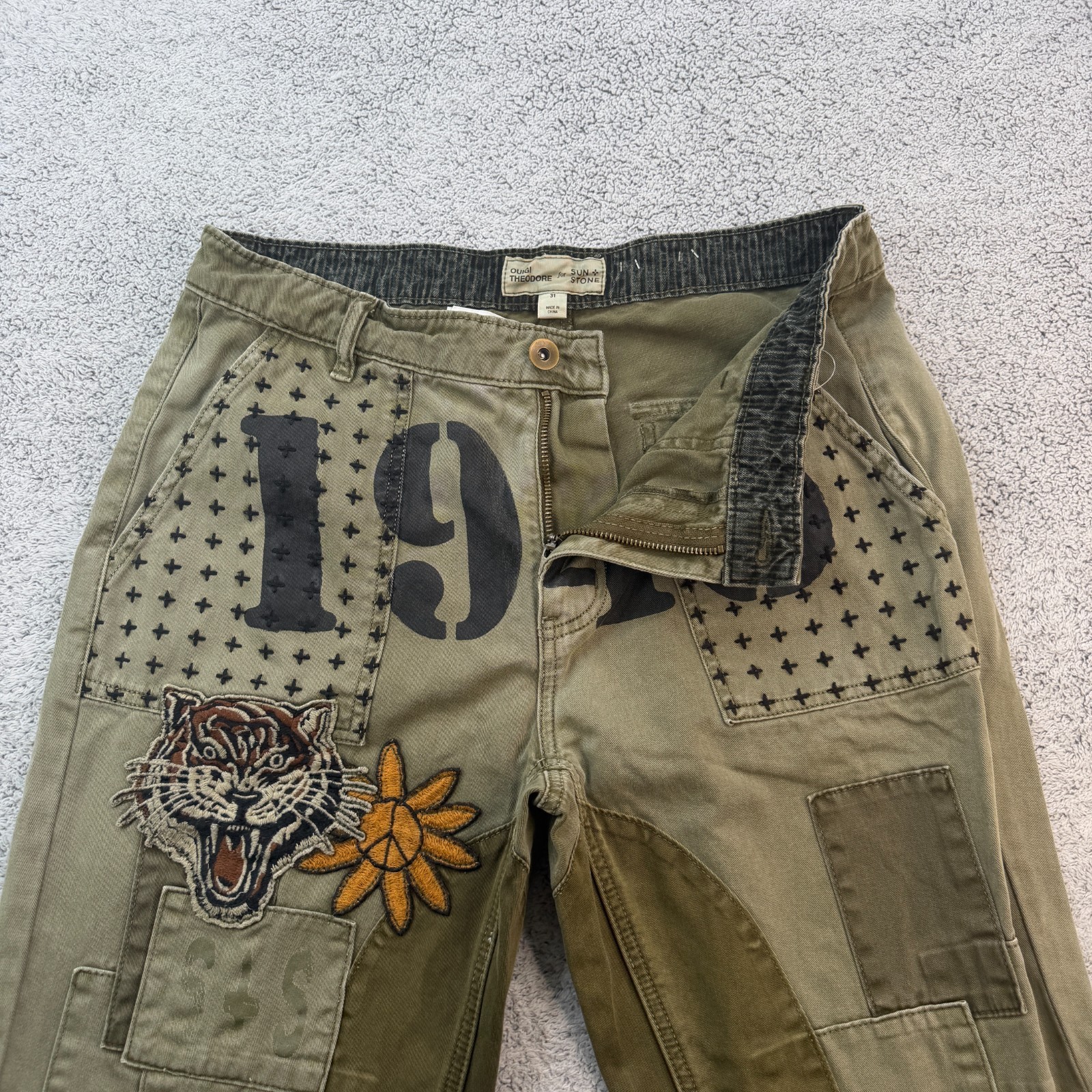 Ouigi Theodore Sun Stone Patchwork Pants Mens Size 31 Olive Tiger 1945 Military