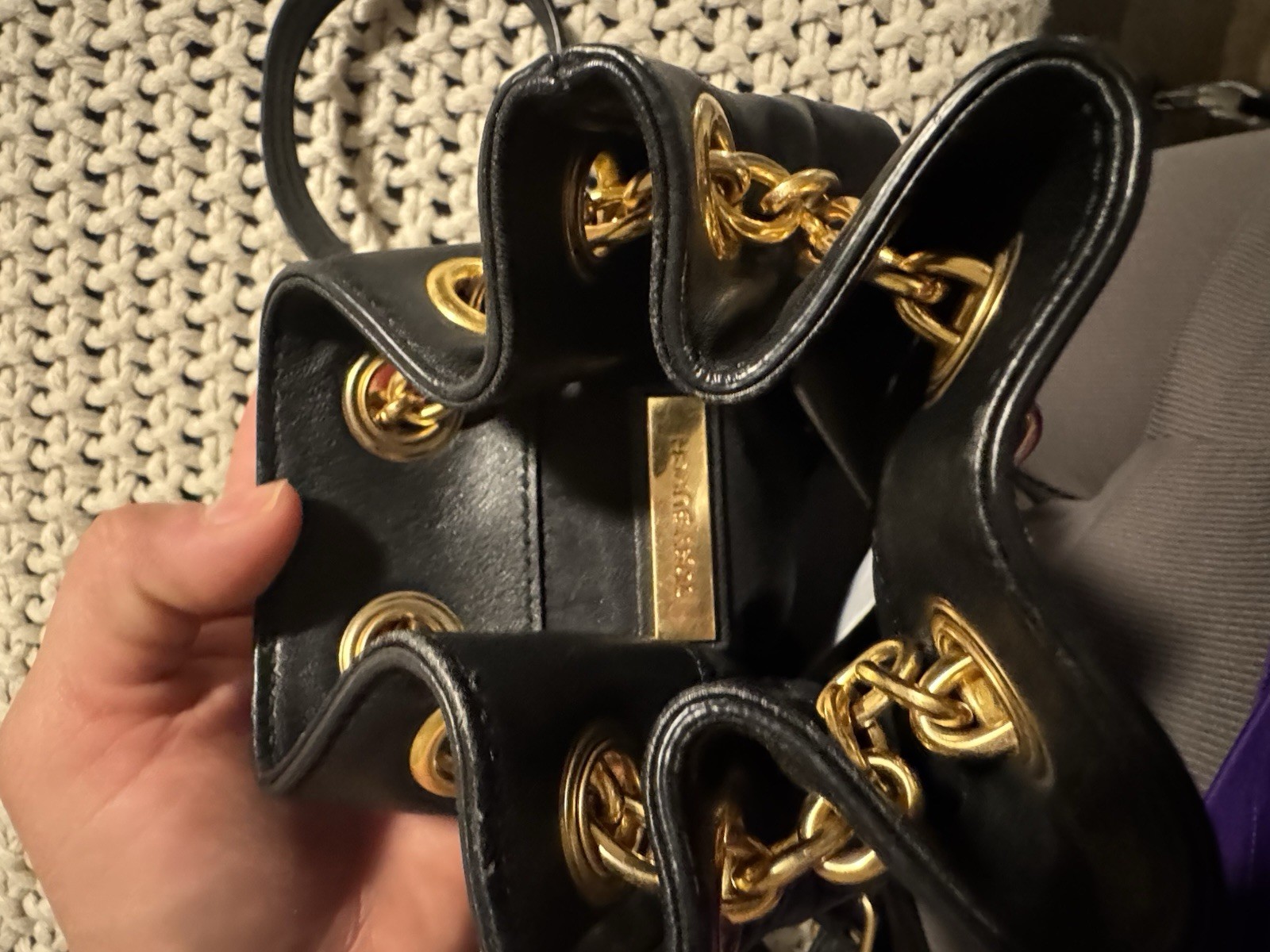 Tory Burch Black Bucket Bag Gold Chain Drawstring Adjustable Strap Women’s