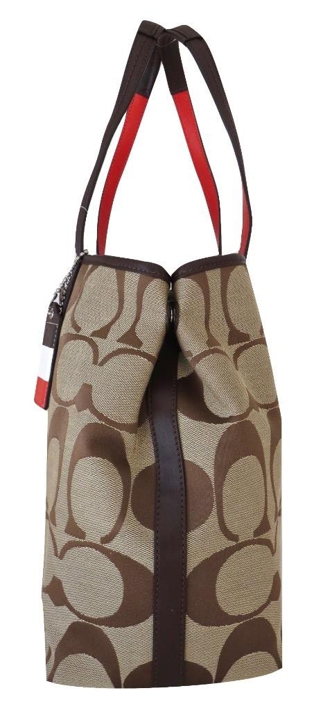 New NWT Coach Hamptons Khaki Vermillion Signature Stripe Tote Purse 19999 RARE