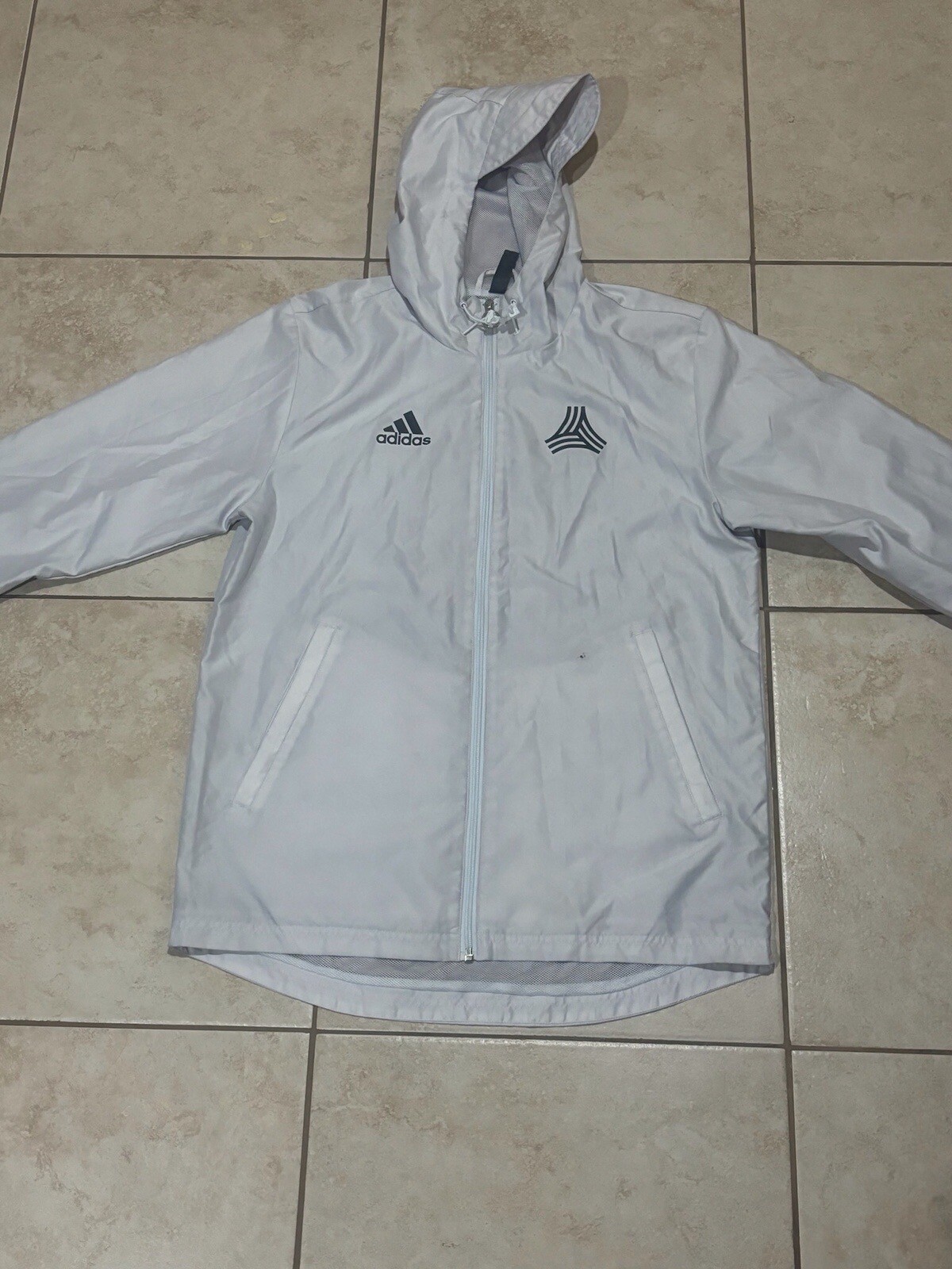 Adidas Tan White Windbreaker Soccer Jacket Hooded DT9851 Men’s Size S Small Coat