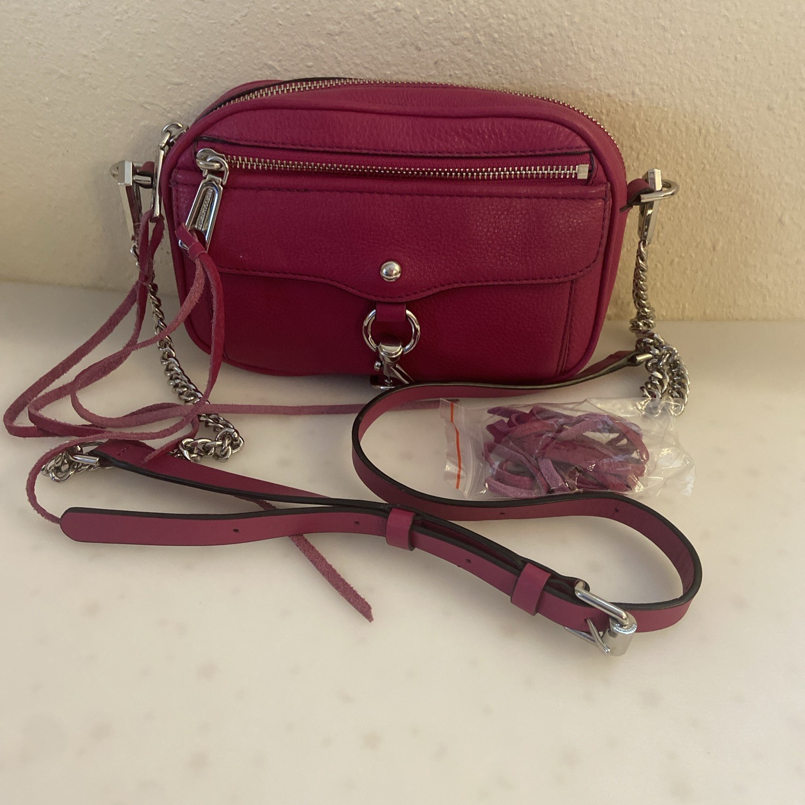 Rebecca Minkoff Mini M.A.C Magenta Pink Leather Crossbody Bag Purse Chain Strap