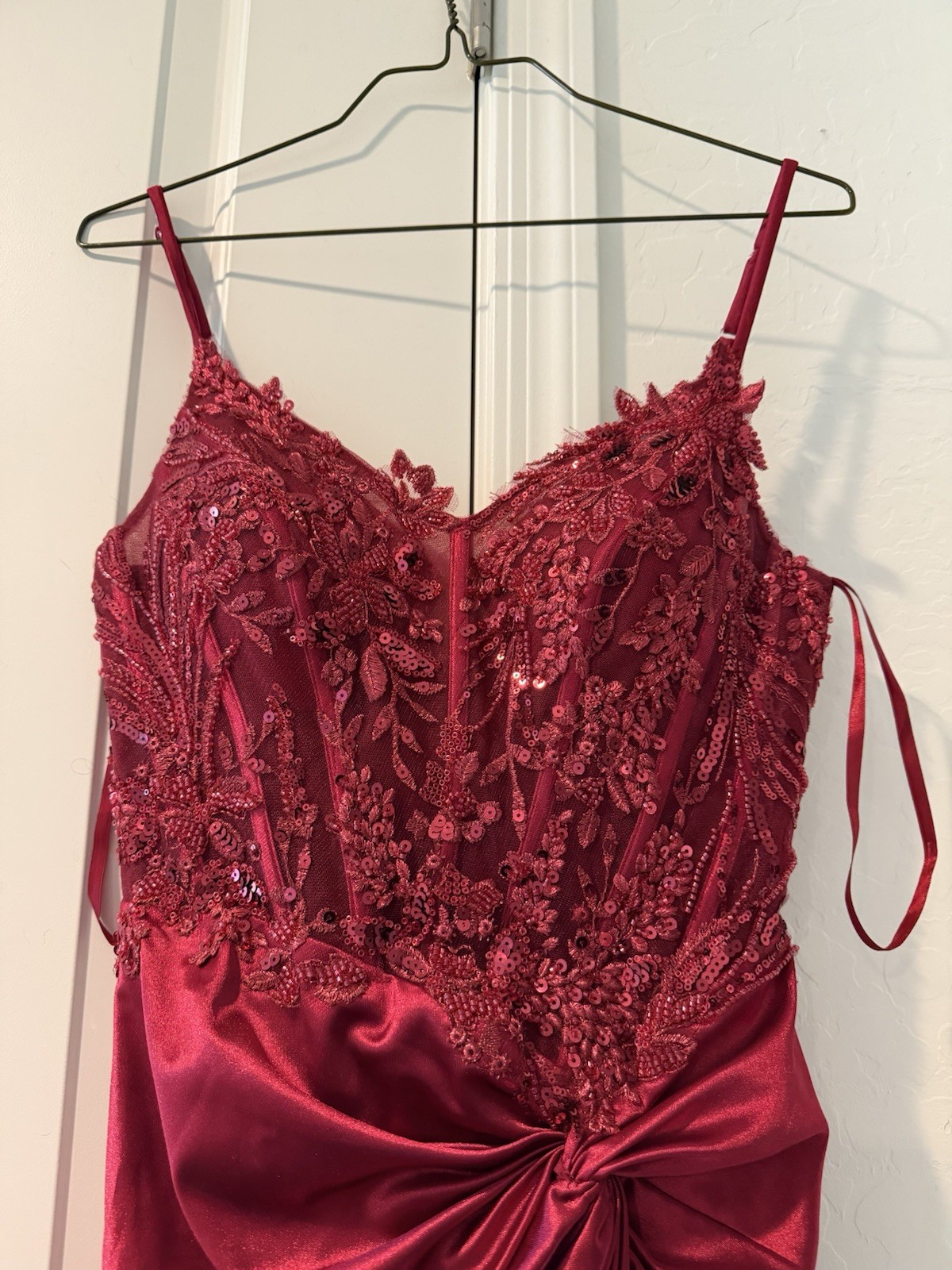 Ladivine by Cinderella Divine Red Satin Sequin Embroidered Mesh Formal Gown XS