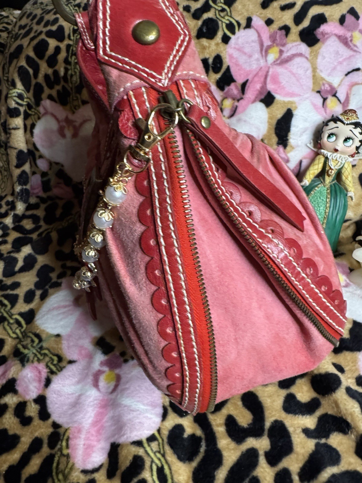 Isabella Fiore Pink/Red Shoulder Bag Top Handle Zip Buckle Beaded Chain Charm