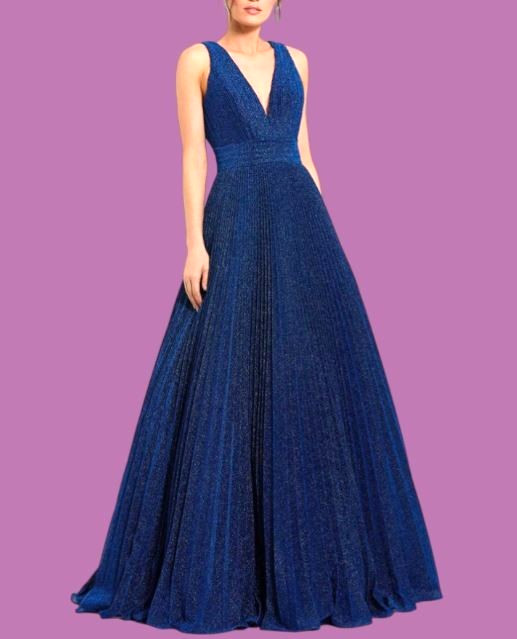 $498 Ieena for Mac Duggal – Navy Shimmering Pleated Sleeveless Prom Gown – US 12