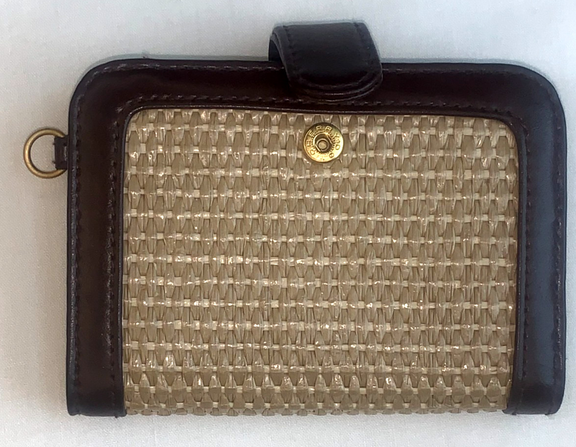NEW Etienne Aigner Bifold Wallet & Keychain Woven Straw / Rattan Burgundy & Tan